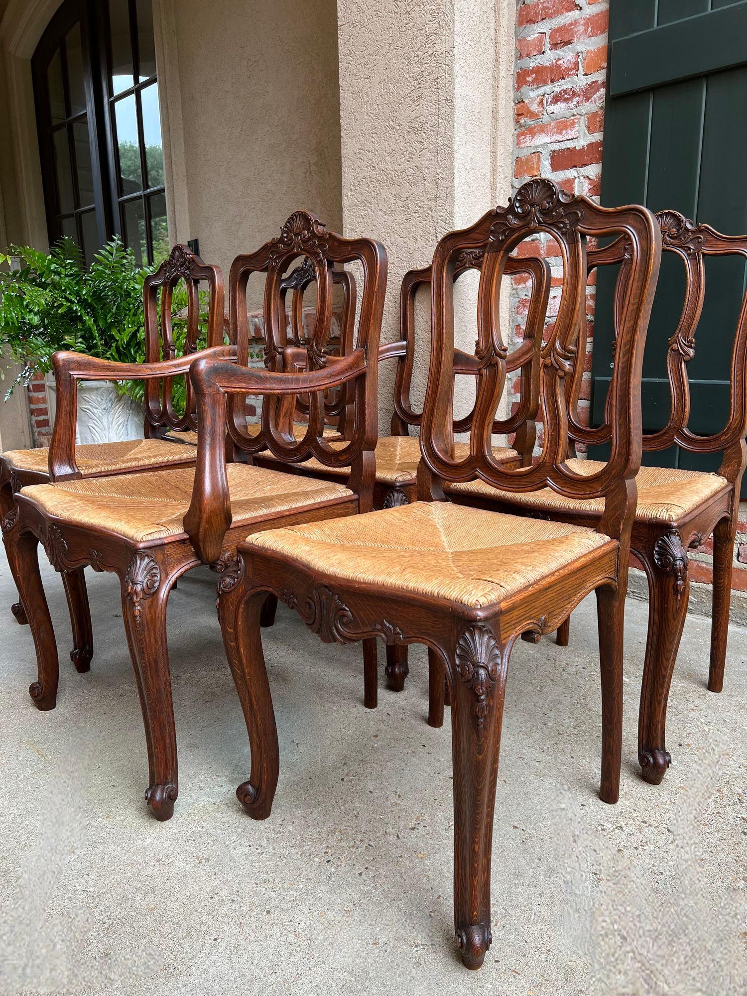 Set 6 Antique French Dining Chairs Carved Oak Rush Seat Louis XV Arm and Side For Sale 1