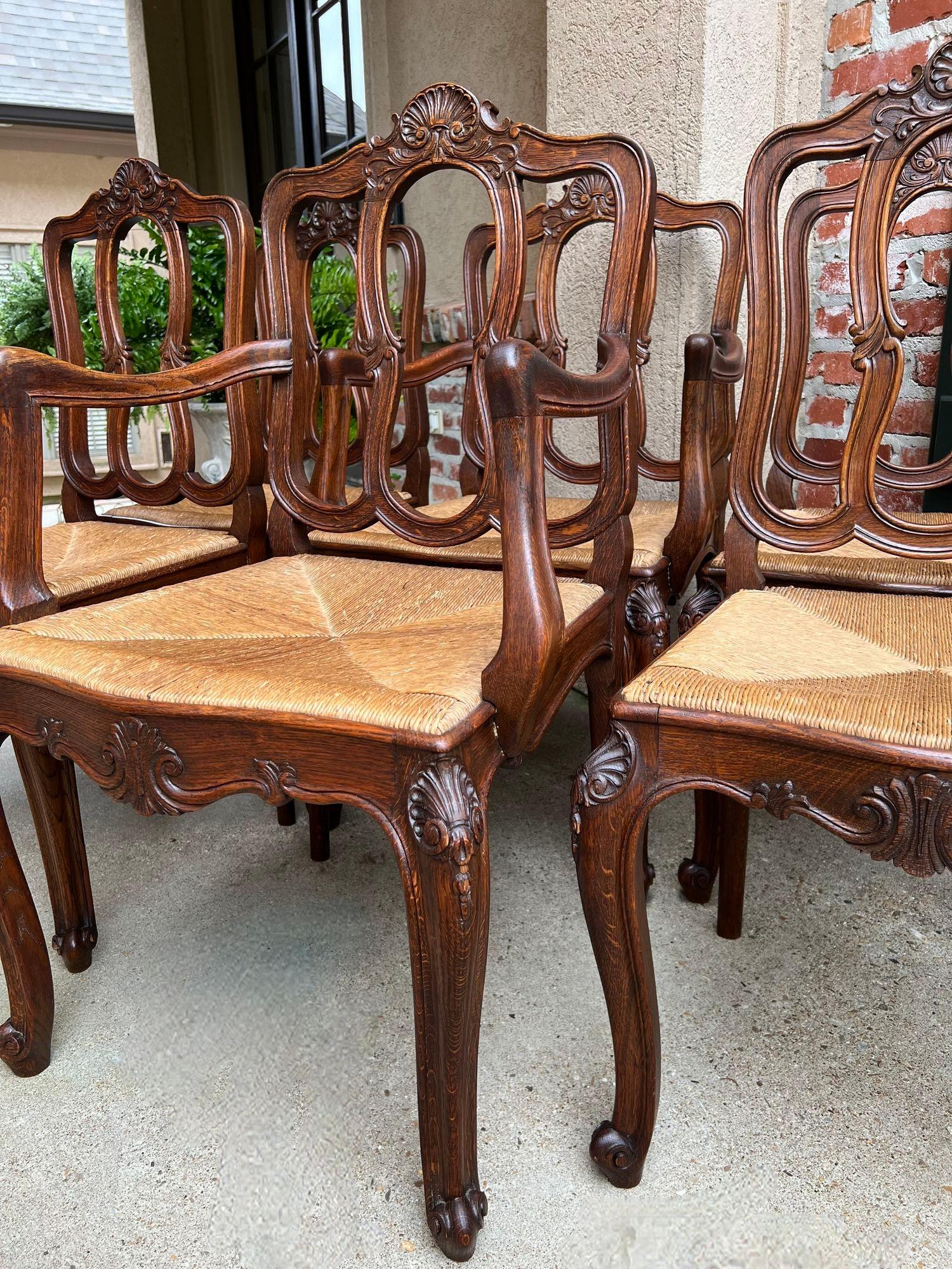 Set 6 Antique French Dining Chairs Carved Oak Rush Seat Louis XV Arm and Side For Sale 2