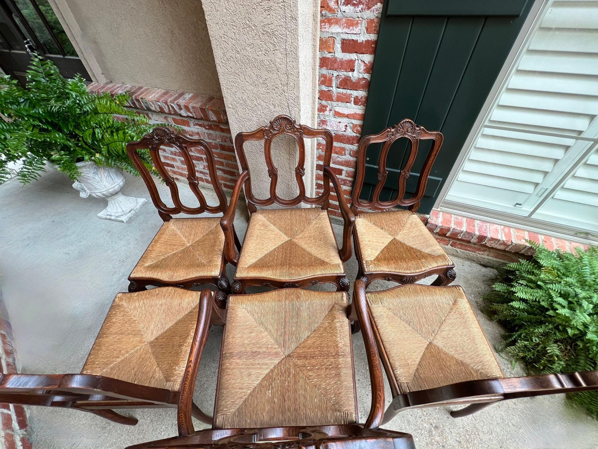 Set 6 Antique French Dining Chairs Carved Oak Rush Seat Louis XV Arm and Side For Sale 3