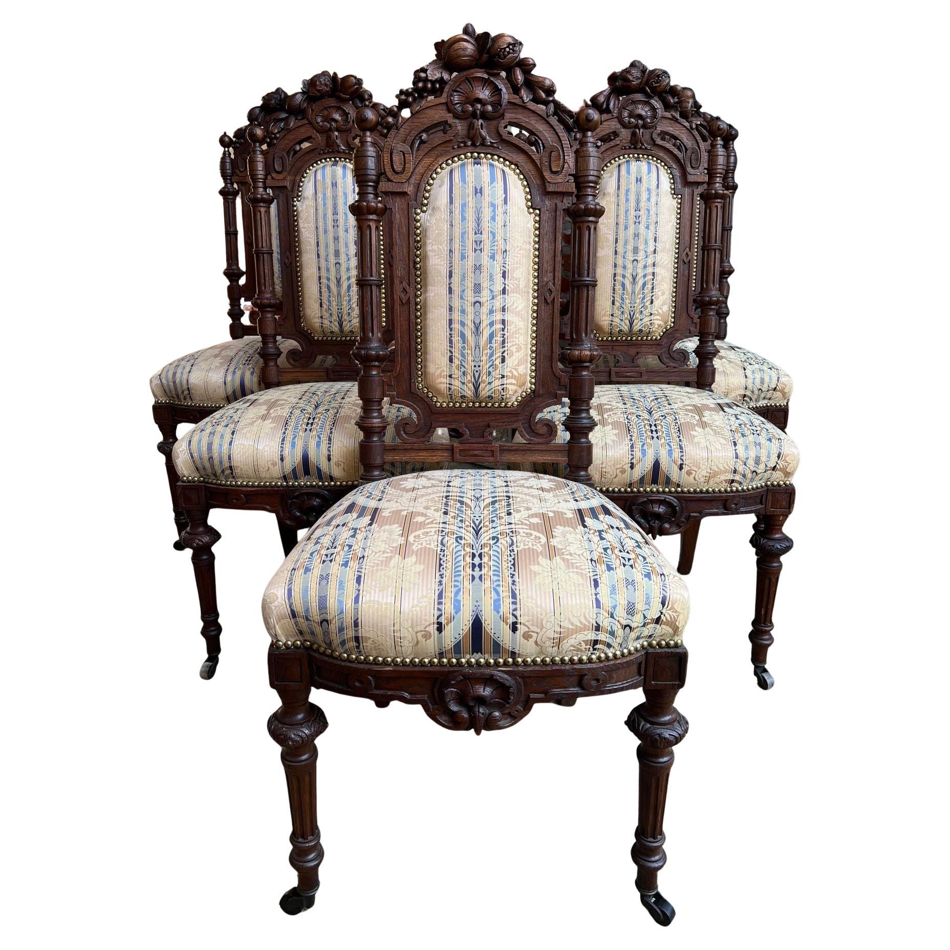 Set 6 Antique French Dining Chairs Renaissance Carved Oak Black Forest c1880 For Sale