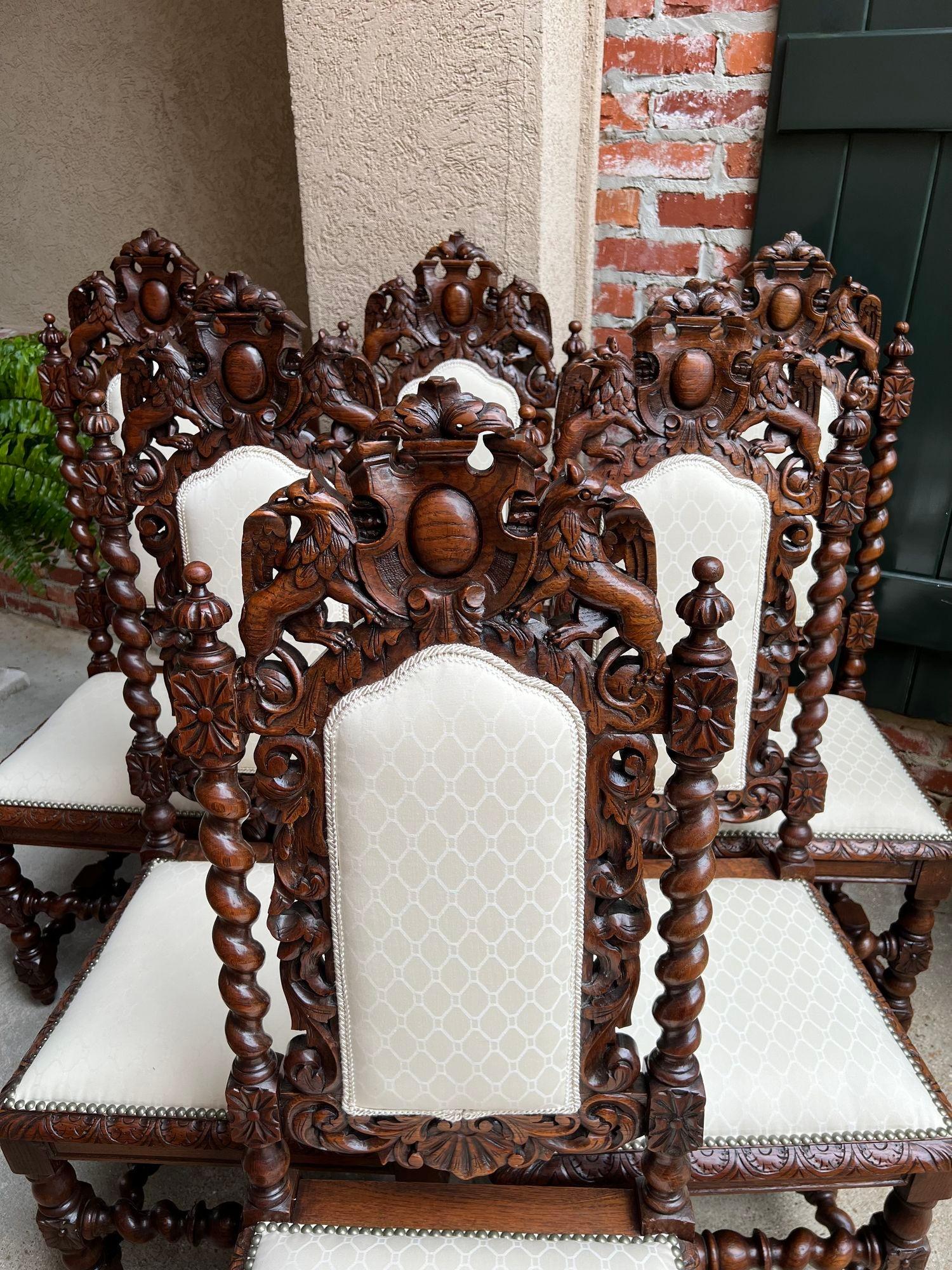 Set 6 Antique French Dining Chairs Renaissance Carved Oak Lion Barley Twist 6