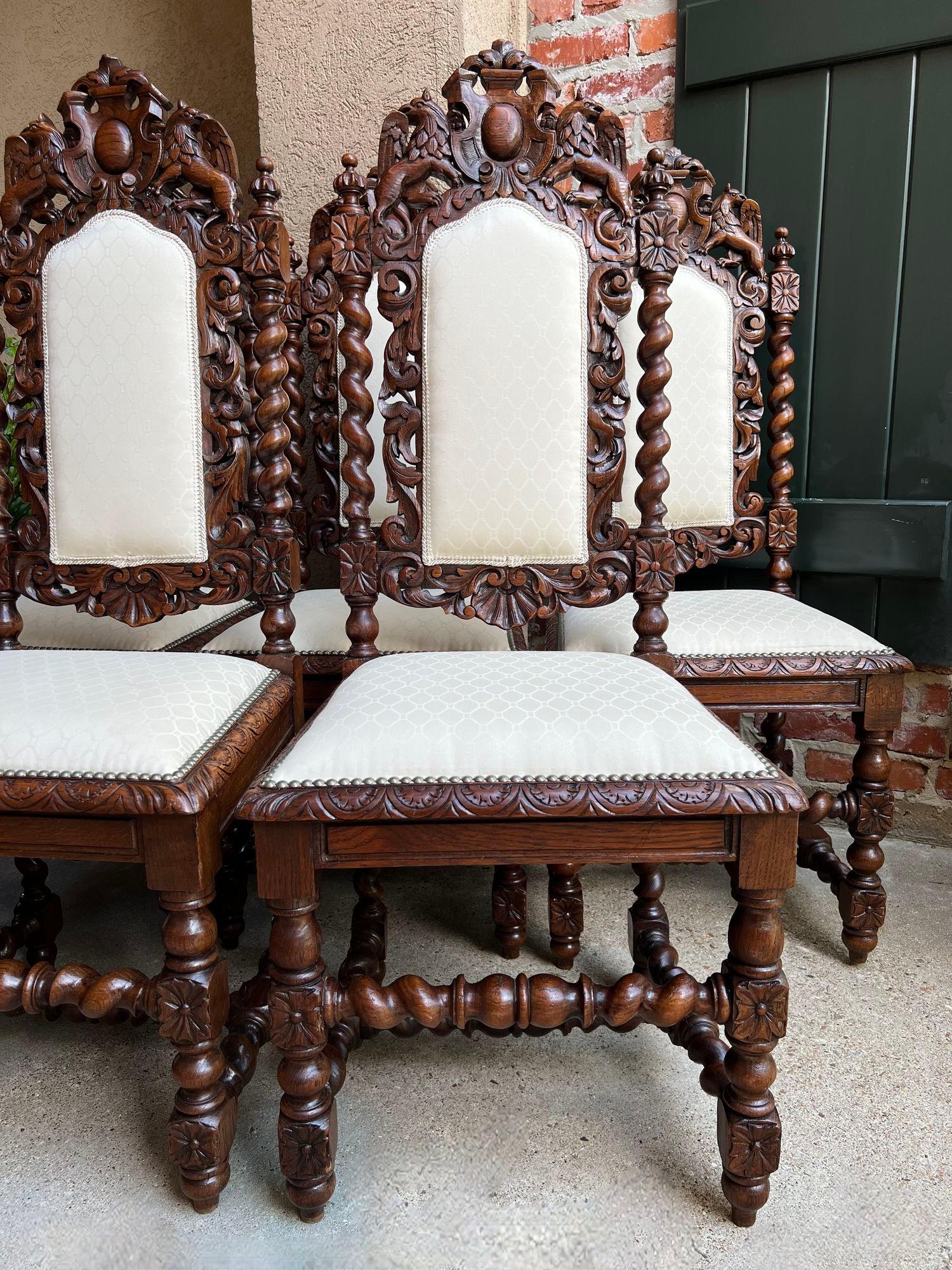 Set 6 Antique French Dining Chairs Renaissance Carved Oak Lion Barley Twist 7