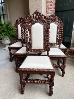 Set 6 Antique French Dining Chairs Renaissance Carved Oak Lion Barley Twist