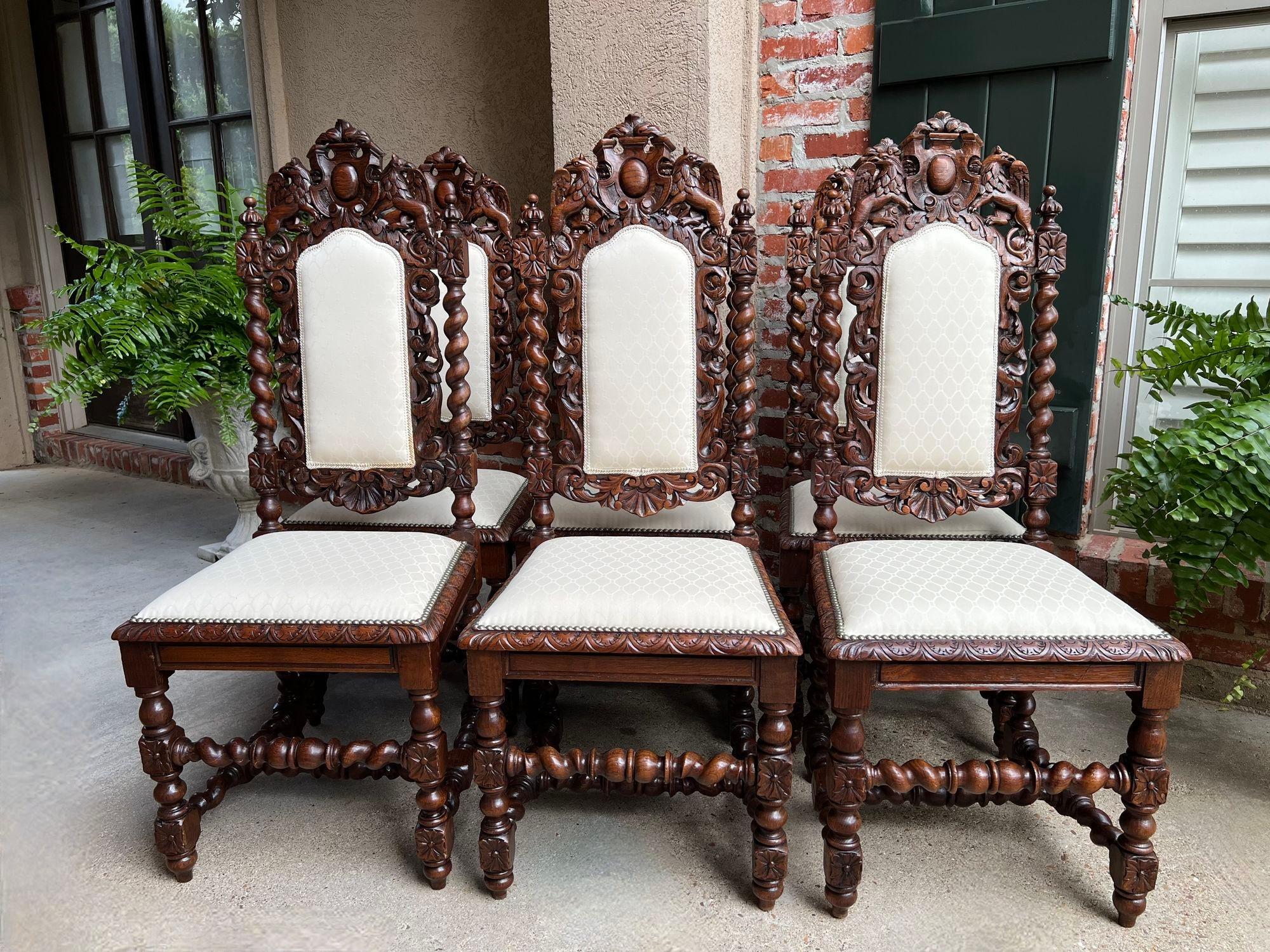 French Provincial Set 6 Antique French Dining Chairs Renaissance Carved Oak Lion Barley Twist