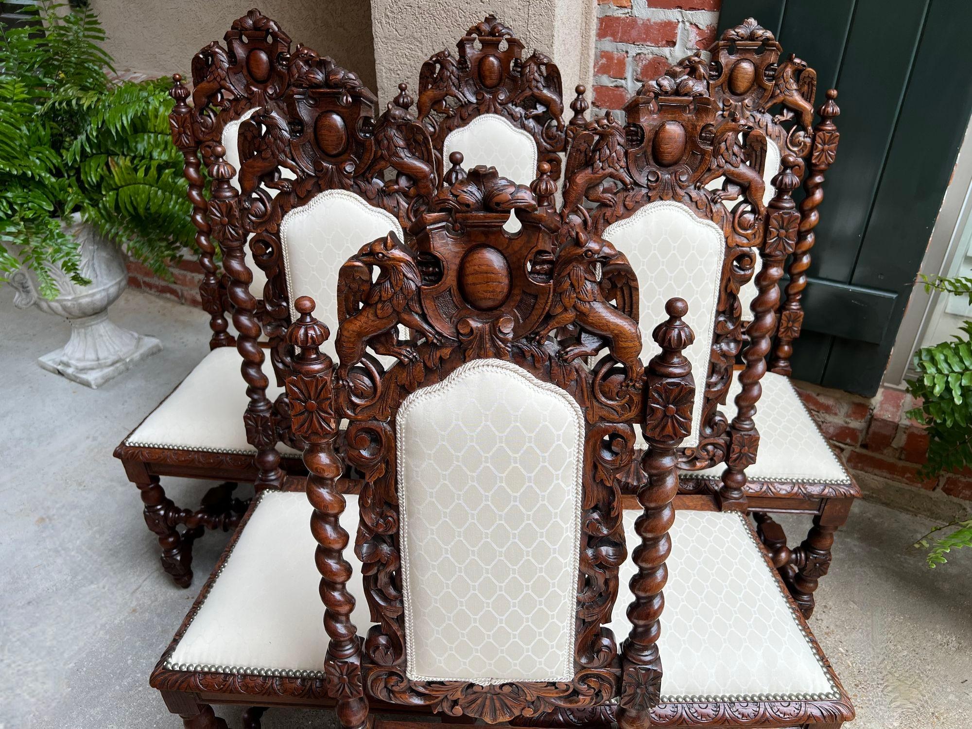 Hand-Carved Set 6 Antique French Dining Chairs Renaissance Carved Oak Lion Barley Twist