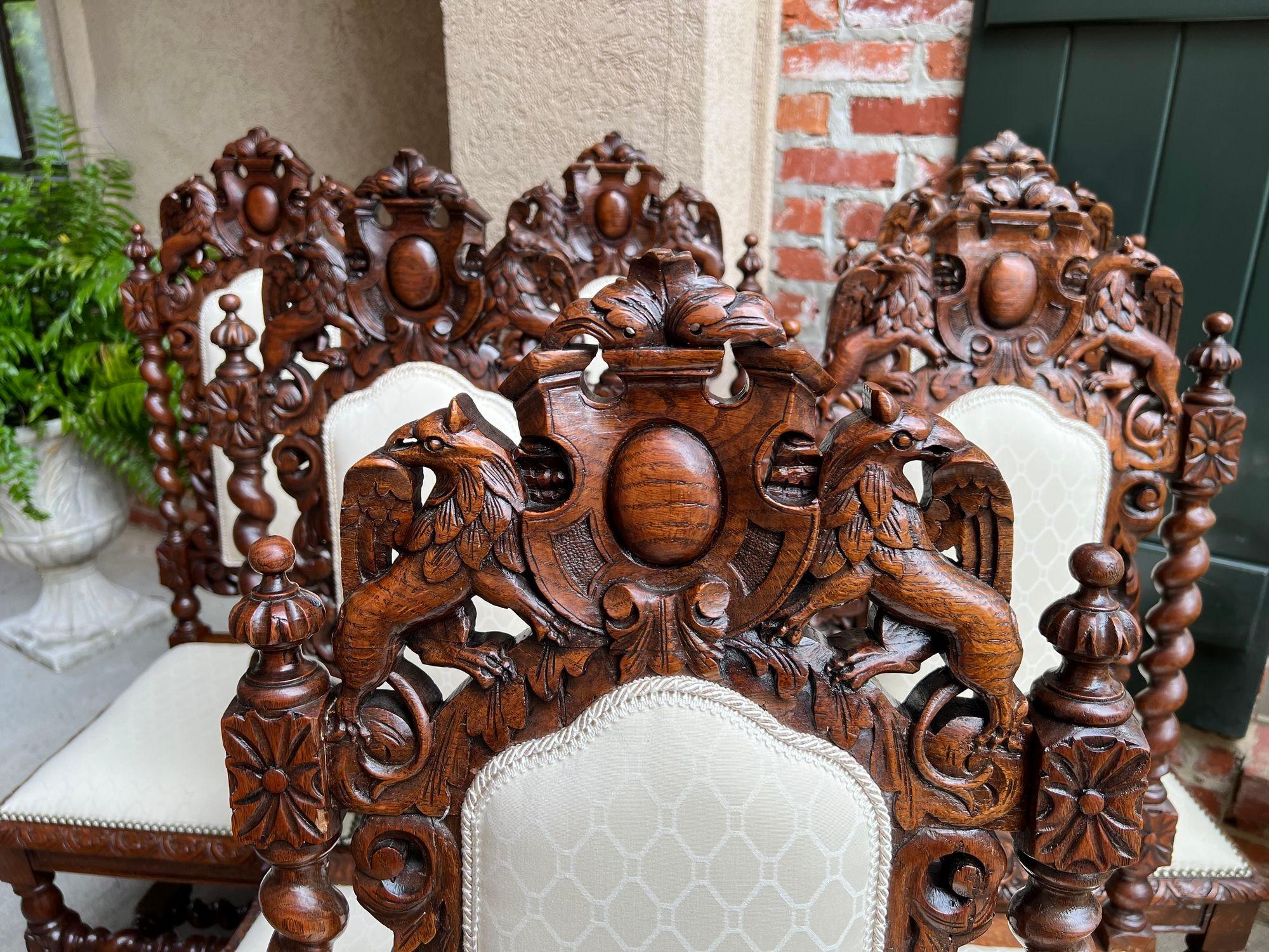 Set 6 Antique French Dining Chairs Renaissance Carved Oak Lion Barley Twist In Good Condition In Shreveport, LA