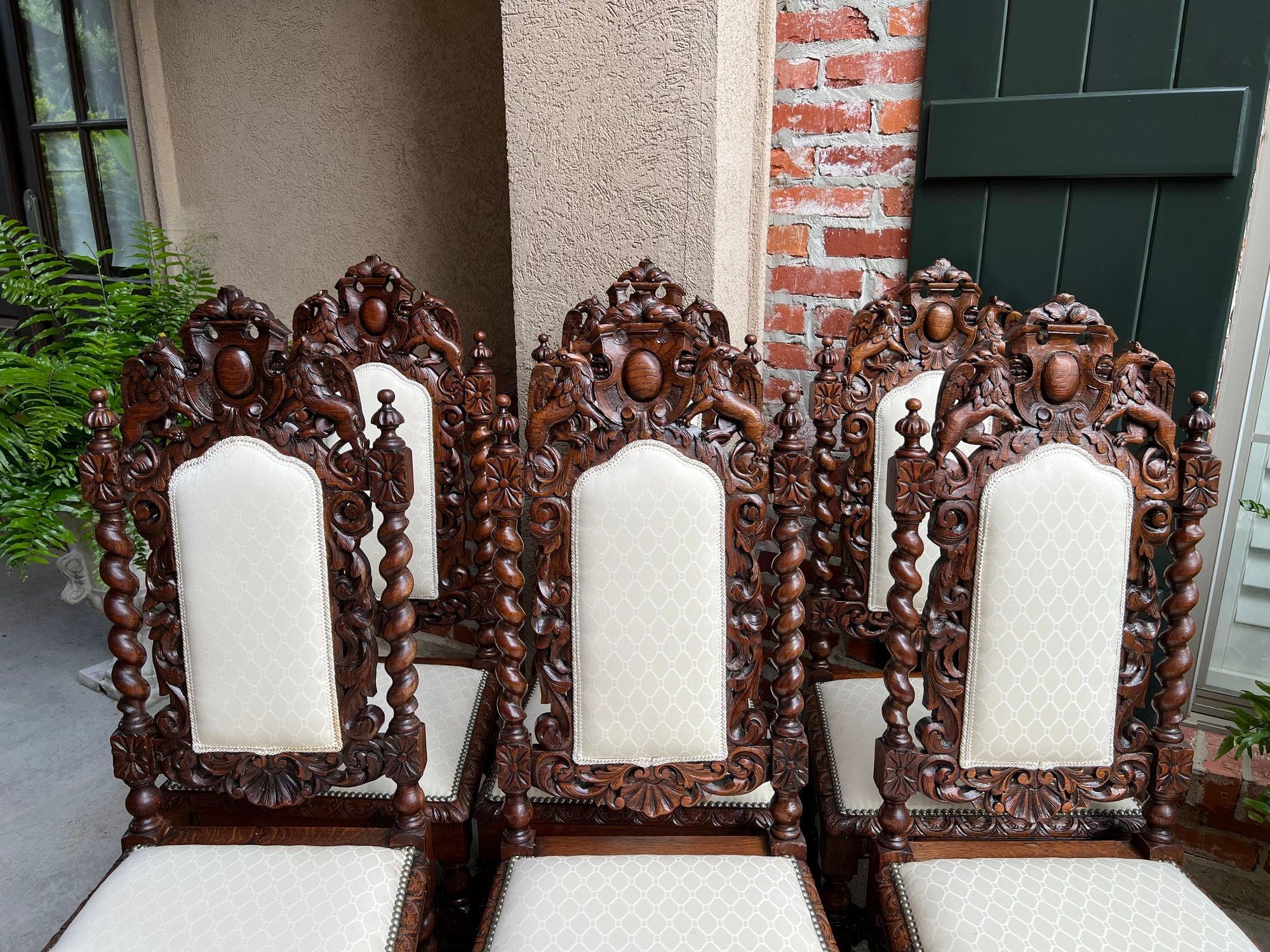 19th Century Set 6 Antique French Dining Chairs Renaissance Carved Oak Lion Barley Twist