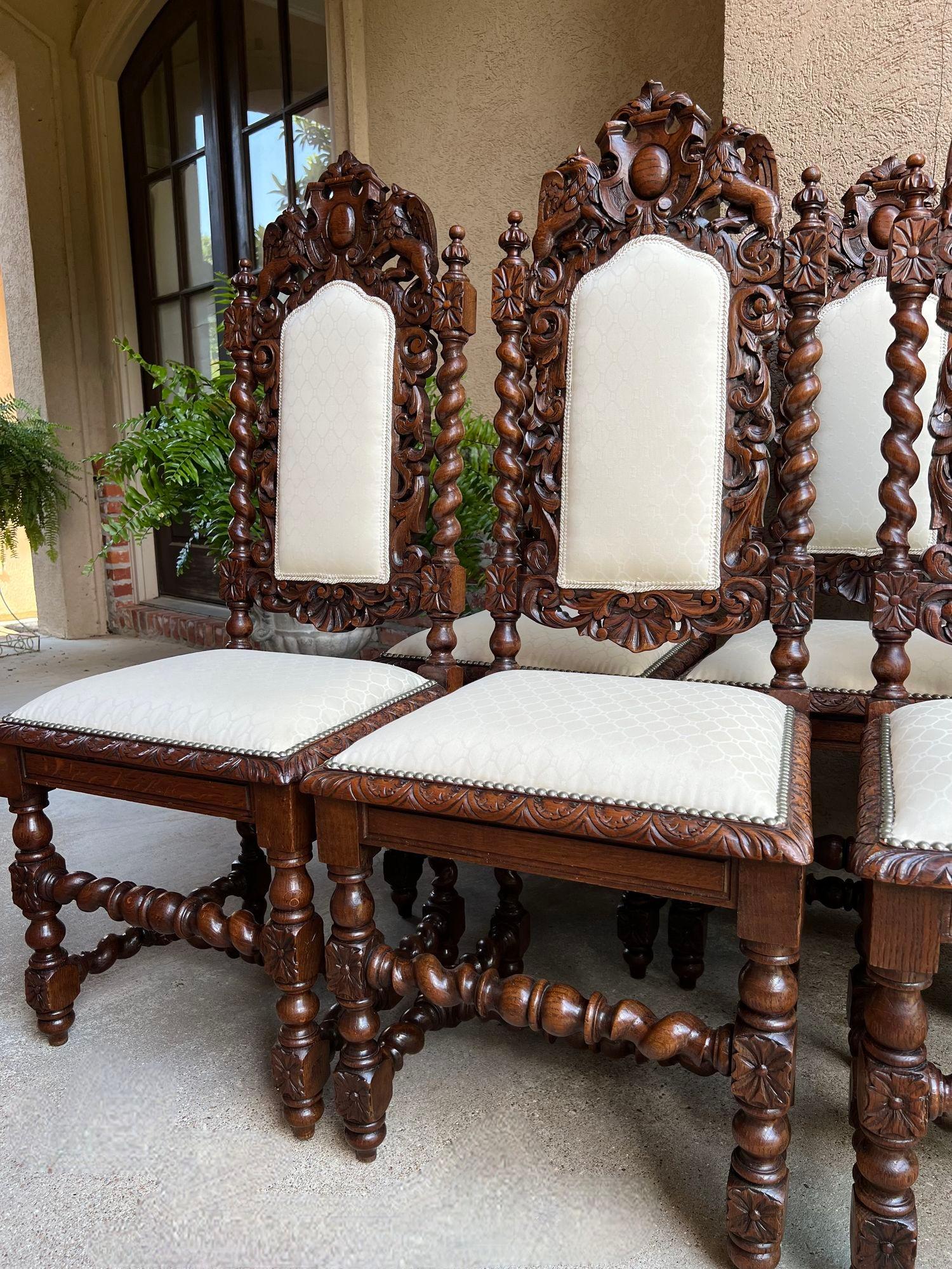 Textile Set 6 Antique French Dining Chairs Renaissance Carved Oak Lion Barley Twist