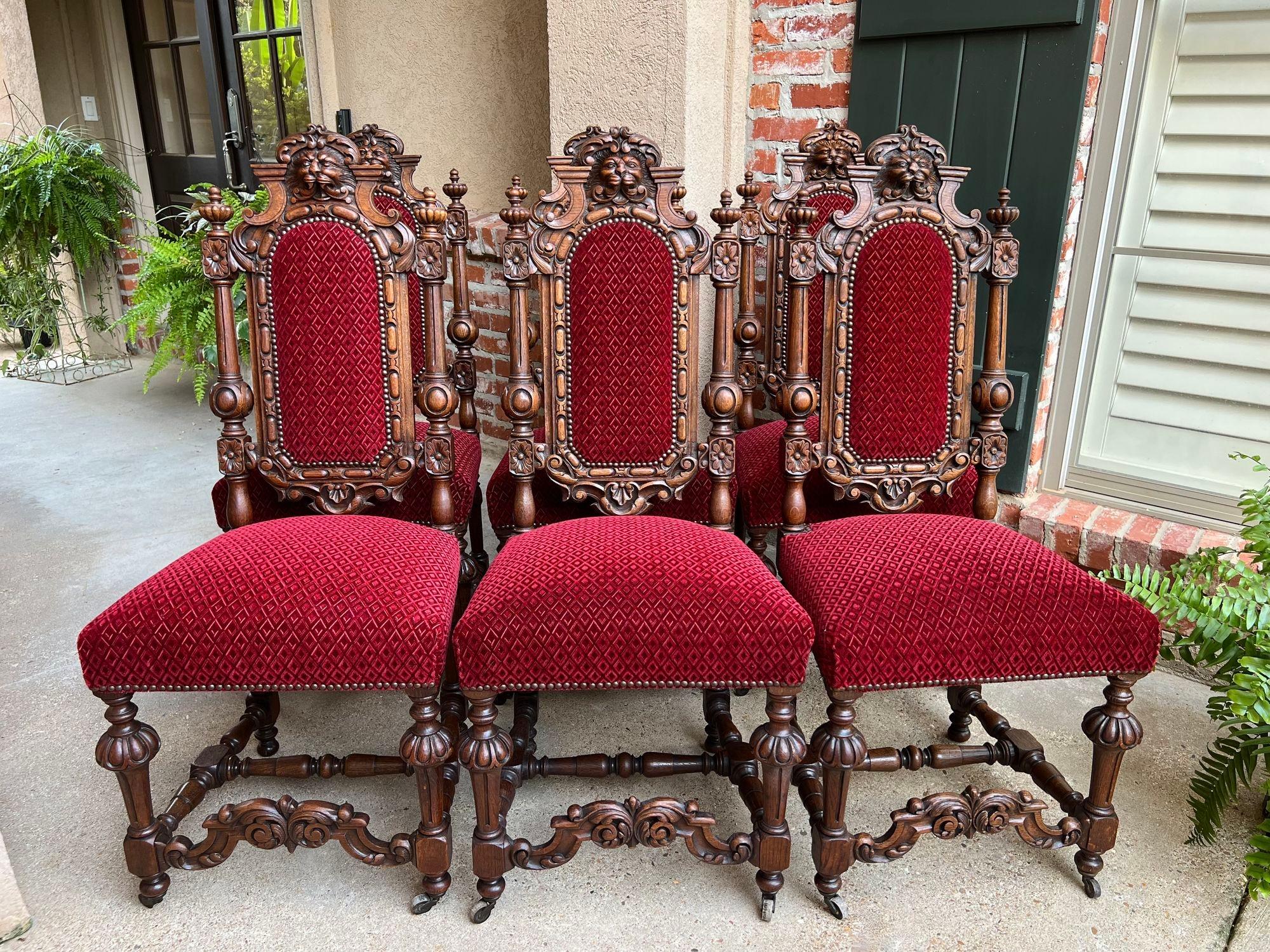 Set 6 Antique French Dining Chairs Renaissance Carved Oak Lion Baroque Louis XIV.

Direct from France, a gorgeous set of 6 antique chairs, heavily carved in Renaissance/Baroque style.  Stunning for a formal dining or French kitchen and with their