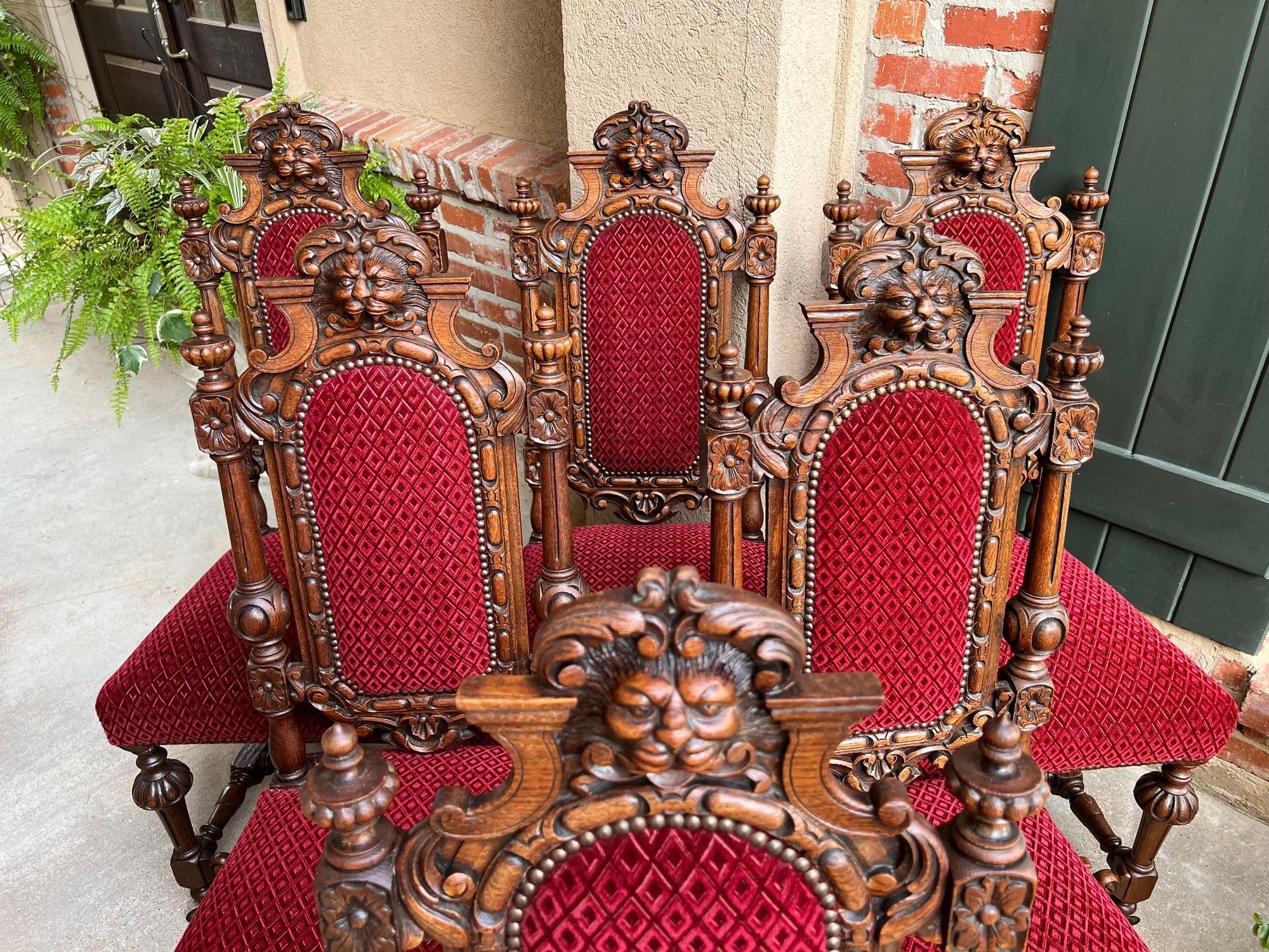 Hand-Carved Set 6 Antique French Dining Chairs Renaissance Carved Oak Lion Baroque Louis XIV