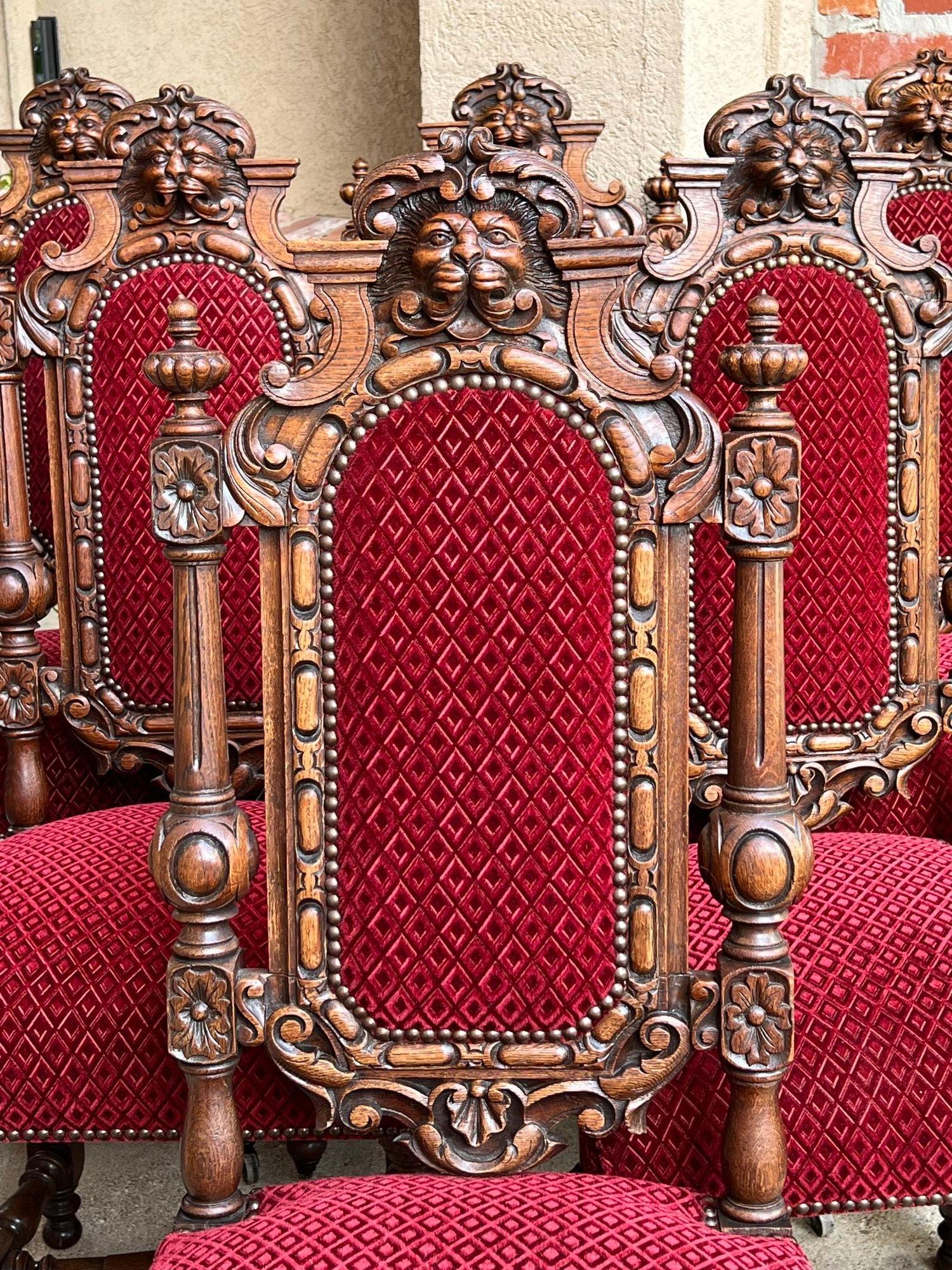 Set 6 Antique French Dining Chairs Renaissance Carved Oak Lion Baroque Louis XIV In Good Condition In Shreveport, LA