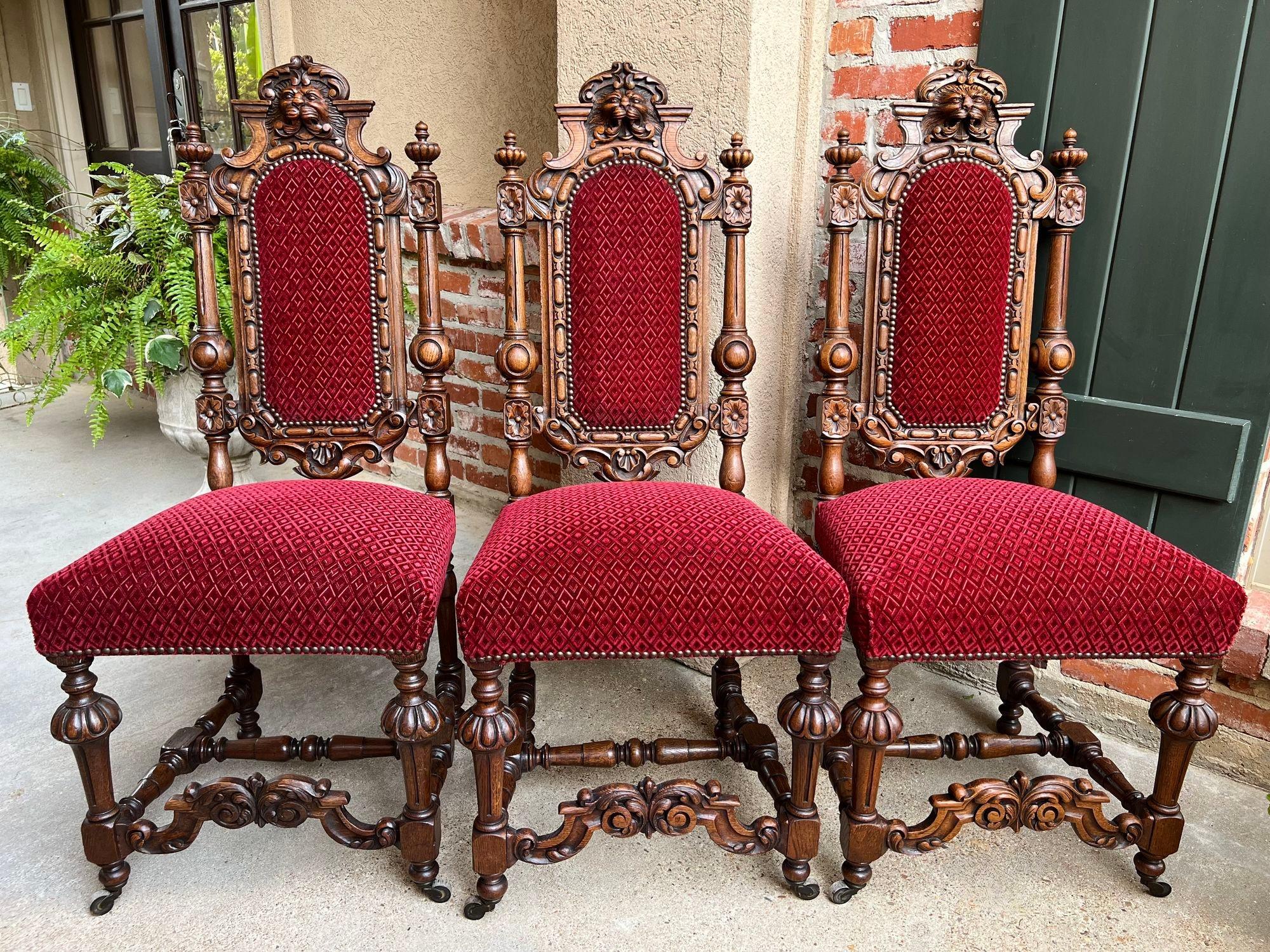 Late 19th Century Set 6 Antique French Dining Chairs Renaissance Carved Oak Lion Baroque Louis XIV