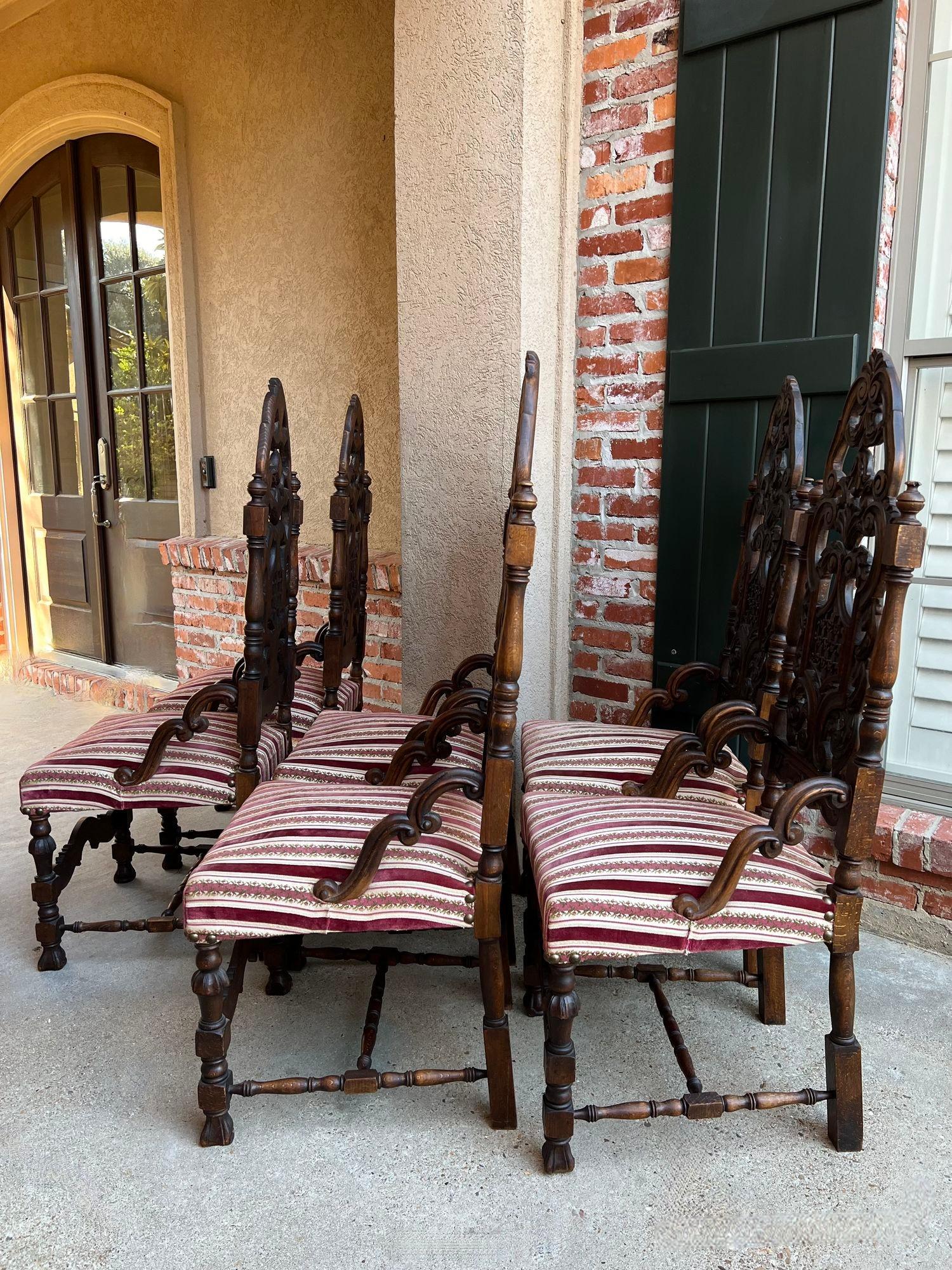 Set 6 Antique French Dining Chairs Renaissance Revival Tall Open Carved Oak SIX For Sale 5