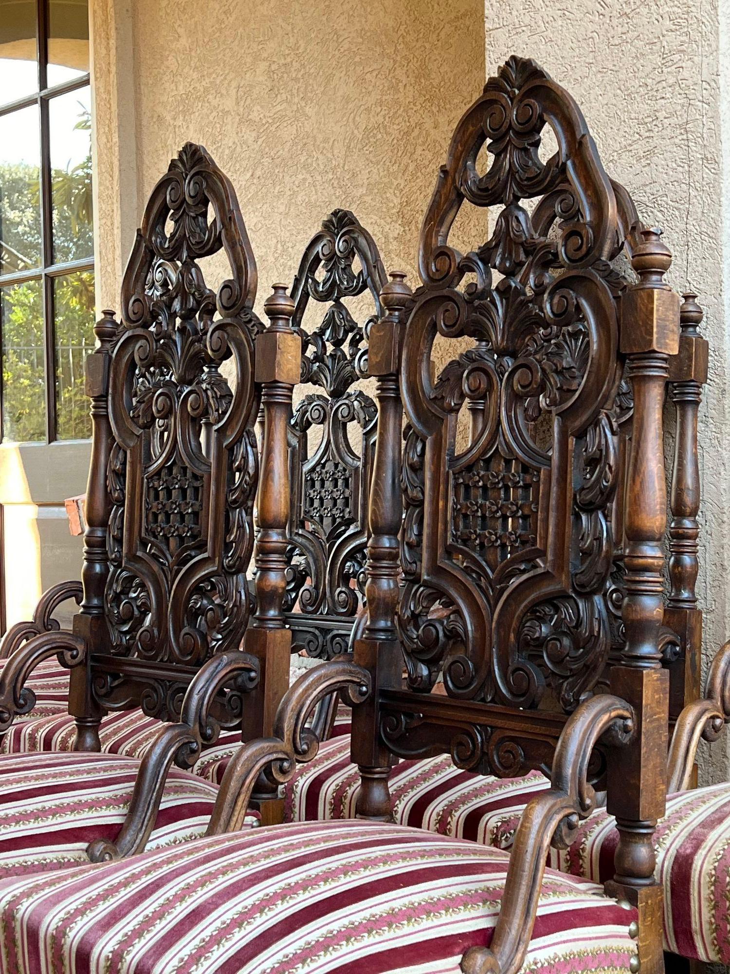 Set 6 antike französische Esszimmerstühle Renaissance Revival Große offene geschnitzte Eiche SIX im Angebot 8