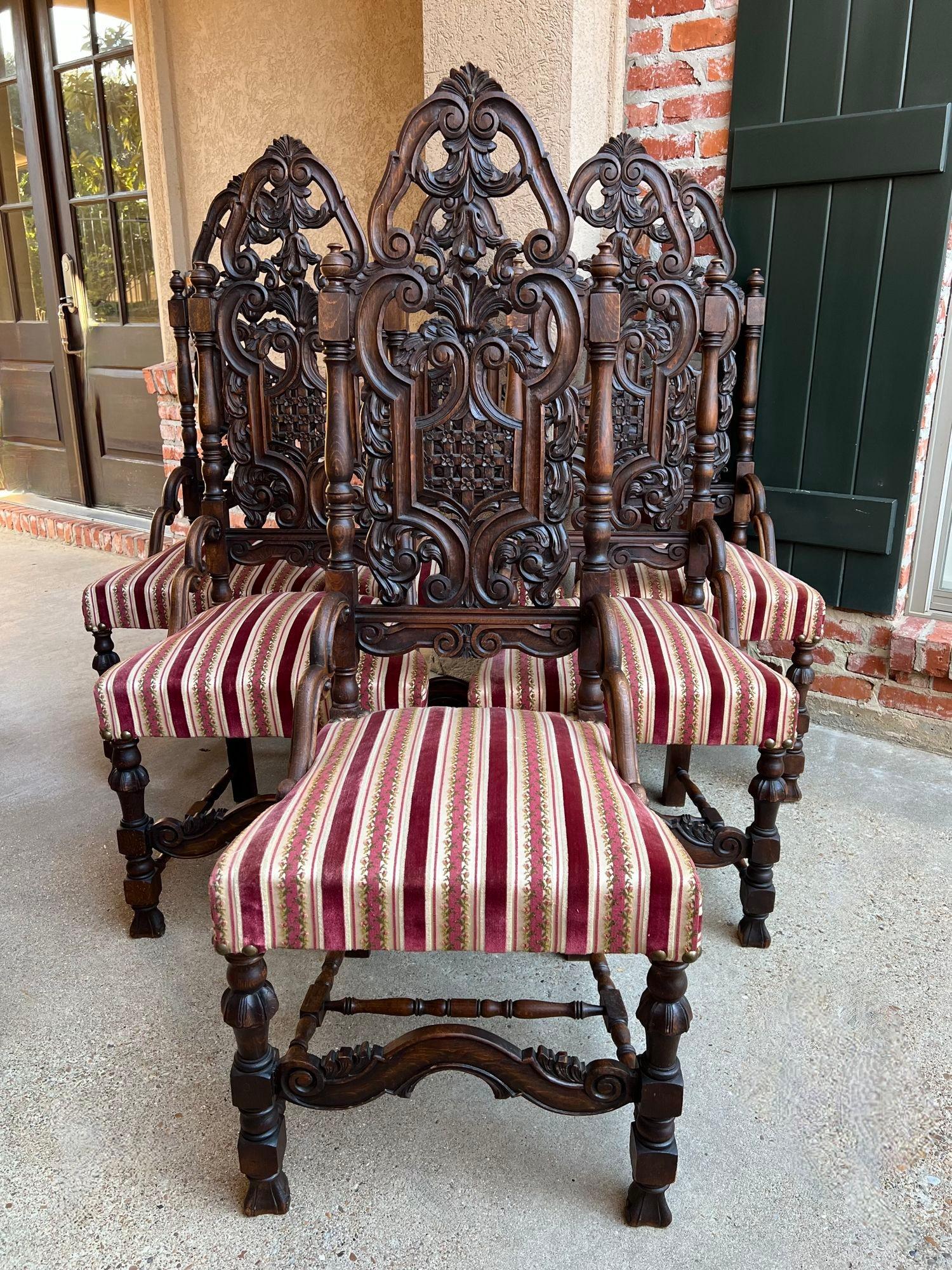 Set 6 Antique French Dining Chairs Renaissance Revival Tall Open Carved Oak.

Direct from France, a superb set of SIX antique dining chairs! The chairs are quite majestic in appearance with a very tall height of 52.75” and feature ornate, open