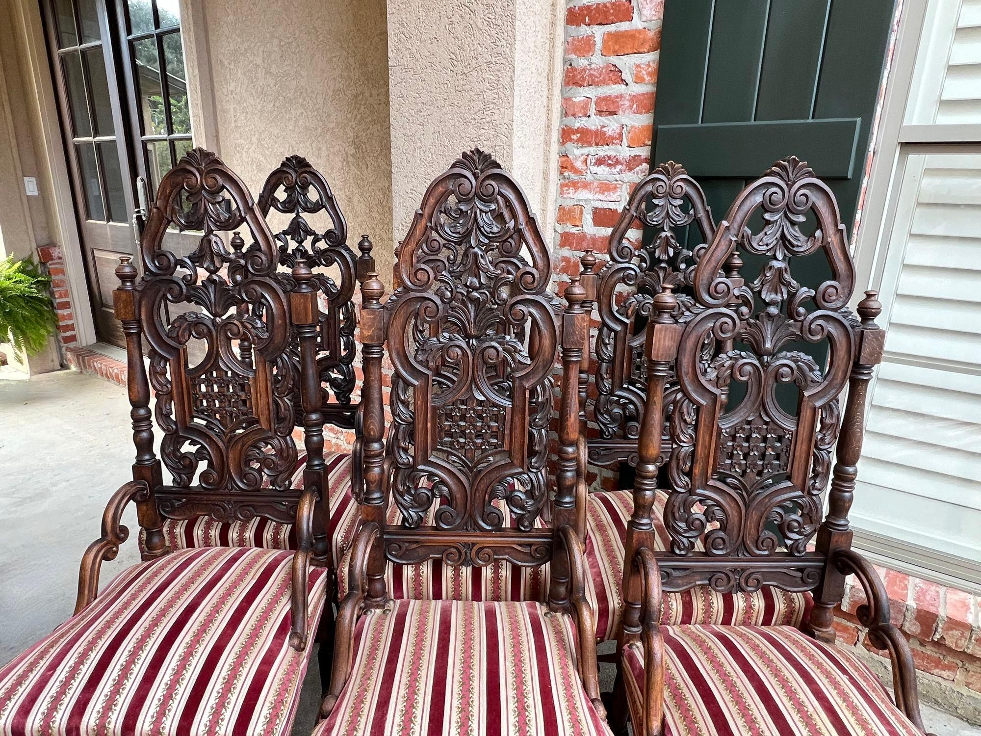 Set 6 Antique French Dining Chairs Renaissance Revival Tall Open Carved Oak SIX In Good Condition For Sale In Shreveport, LA