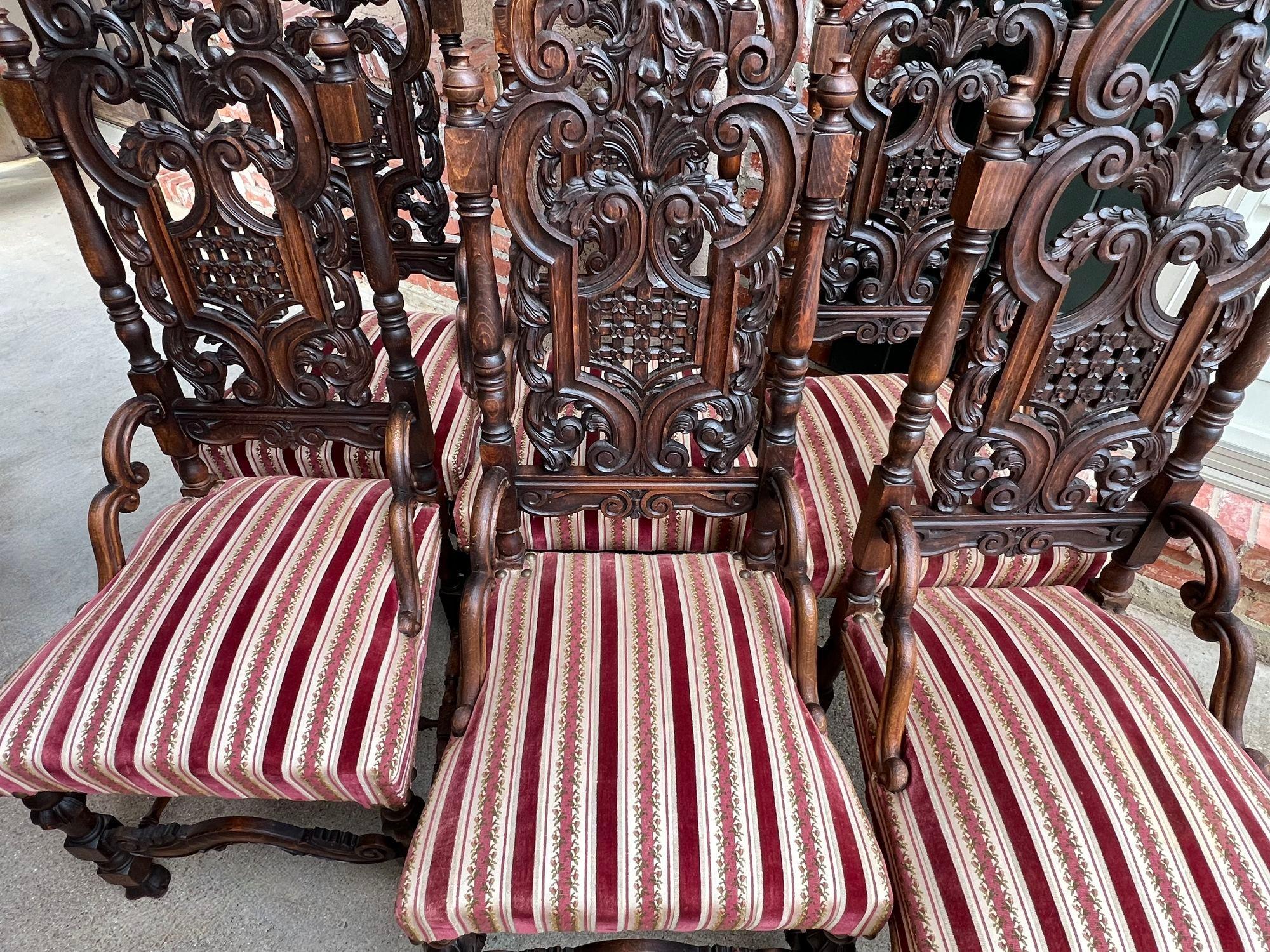 19th Century Set 6 Antique French Dining Chairs Renaissance Revival Tall Open Carved Oak SIX For Sale