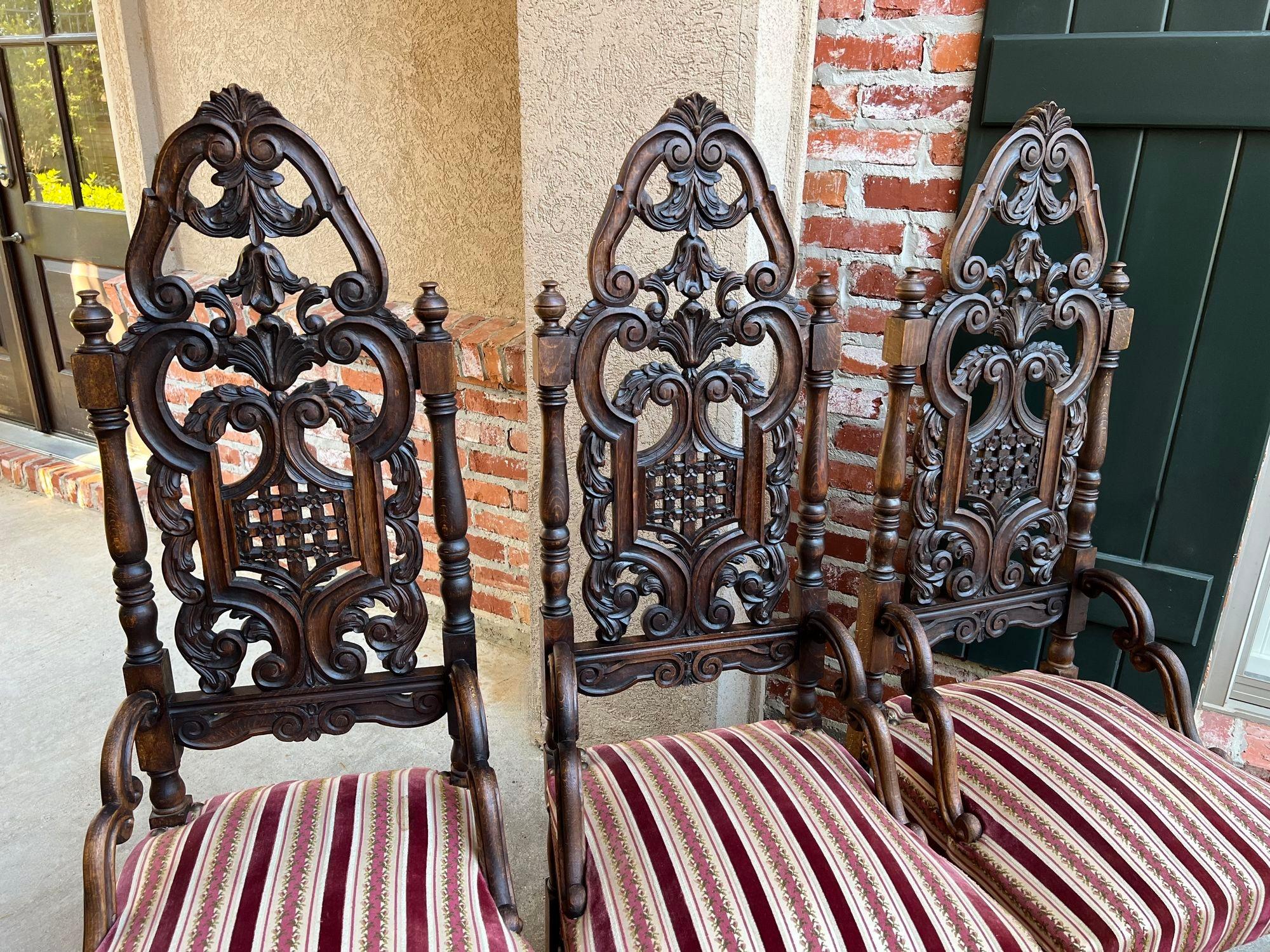 Set 6 Antique French Dining Chairs Renaissance Revival Tall Open Carved Oak SIX For Sale 1