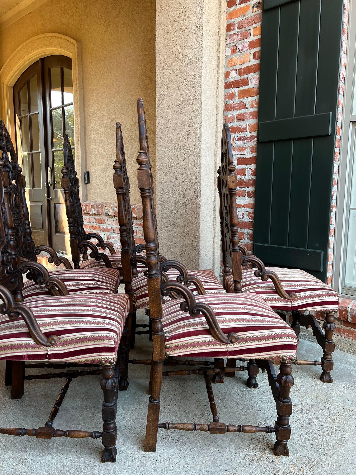 Set 6 Antique French Dining Chairs Renaissance Revival Tall Open Carved Oak SIX For Sale 3