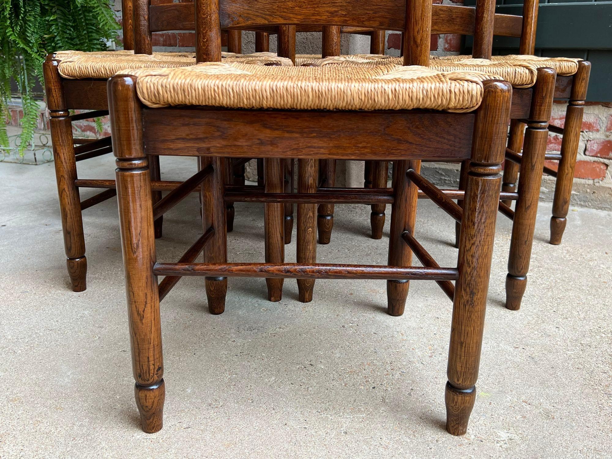 Set 6 Antique French Ladder Back Dining Chairs Carved Oak Rush Seat Country 4