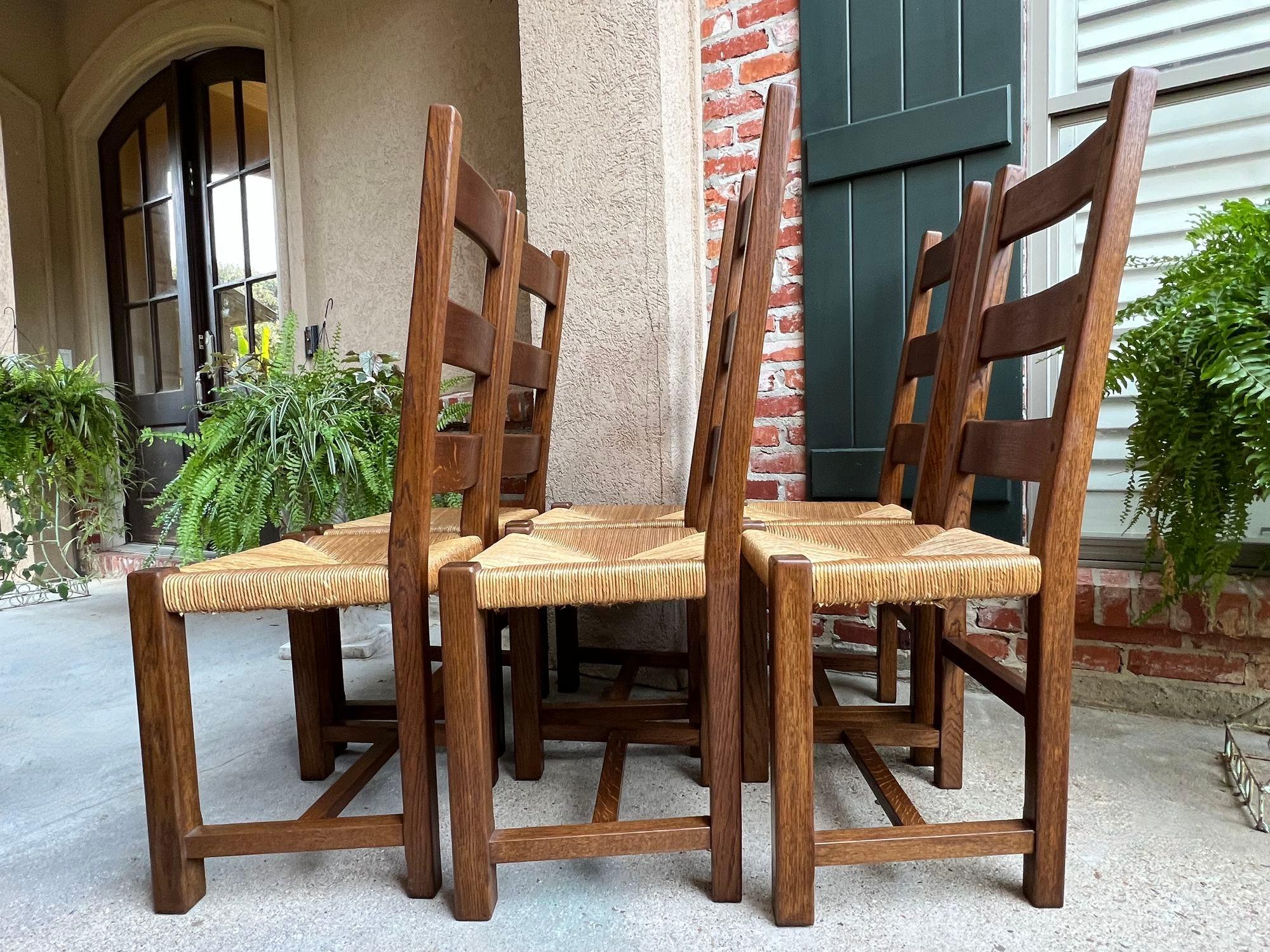 Set 6 Antique French Ladder Back Dining Chairs Carved Oak Rush Seat Country 5