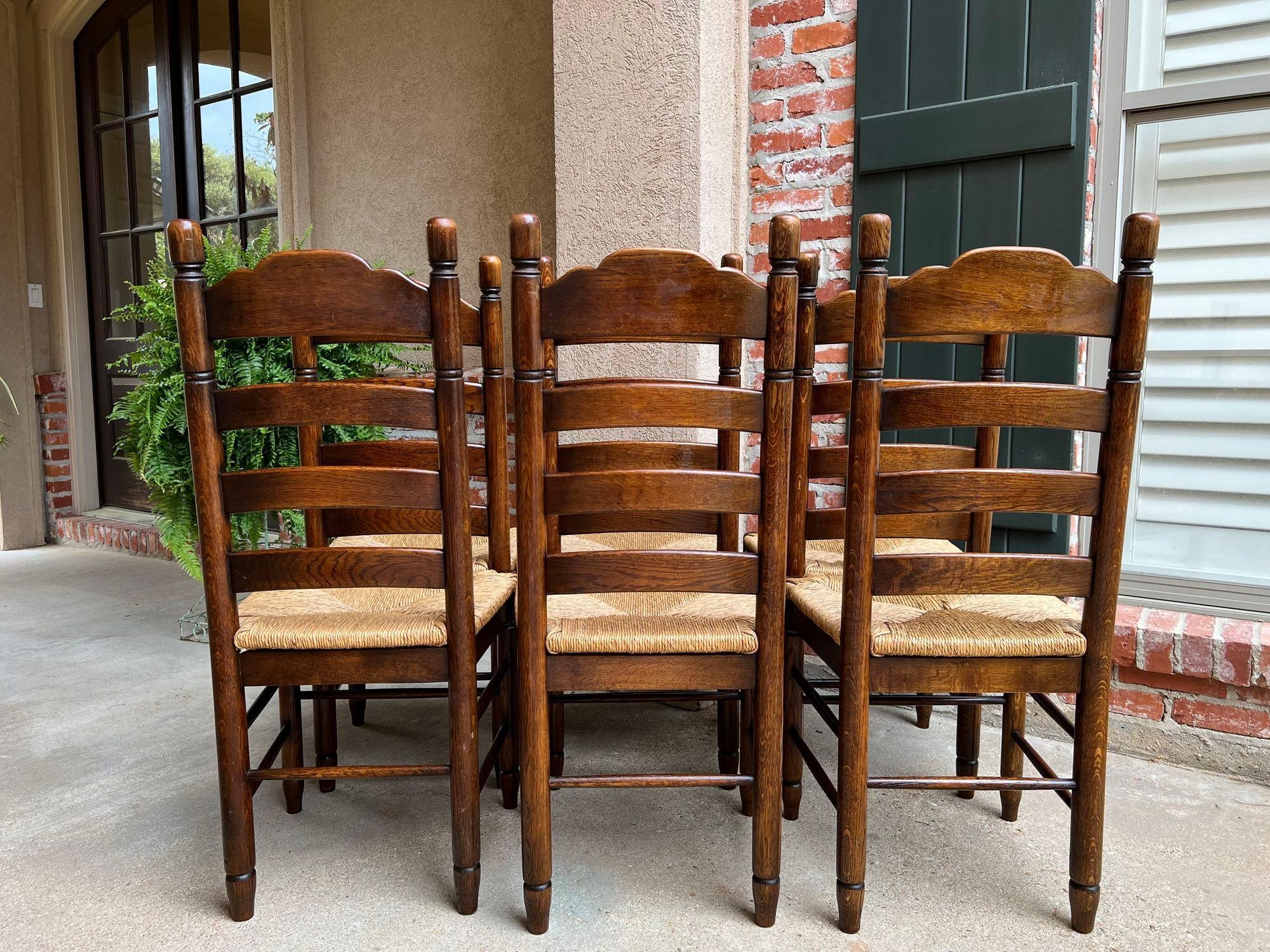 Set 6 Antique French Ladder Back Dining Chairs Carved Oak Rush Seat Country 5