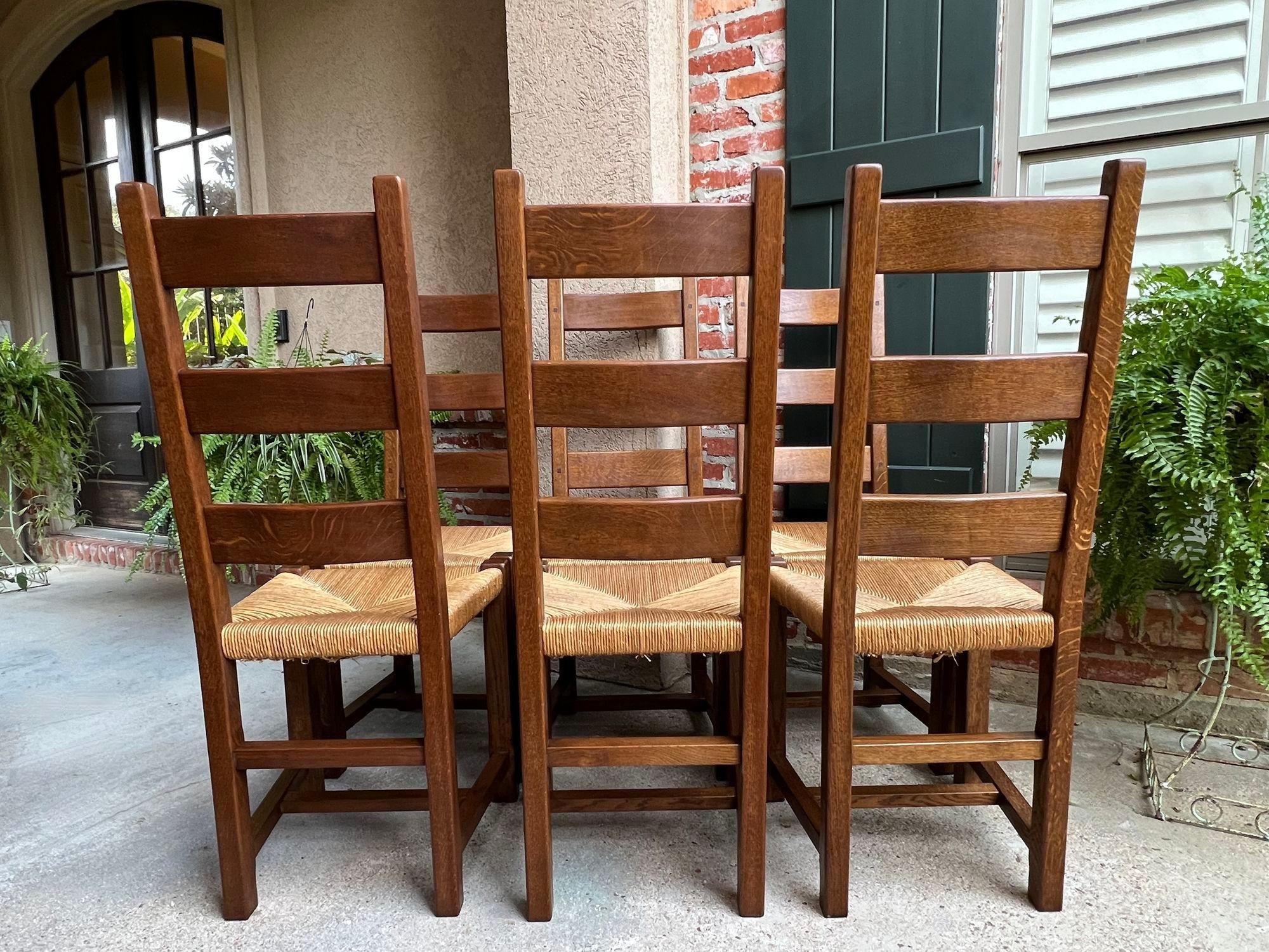 Set 6 Antique French Ladder Back Dining Chairs Carved Oak Rush Seat Country 6