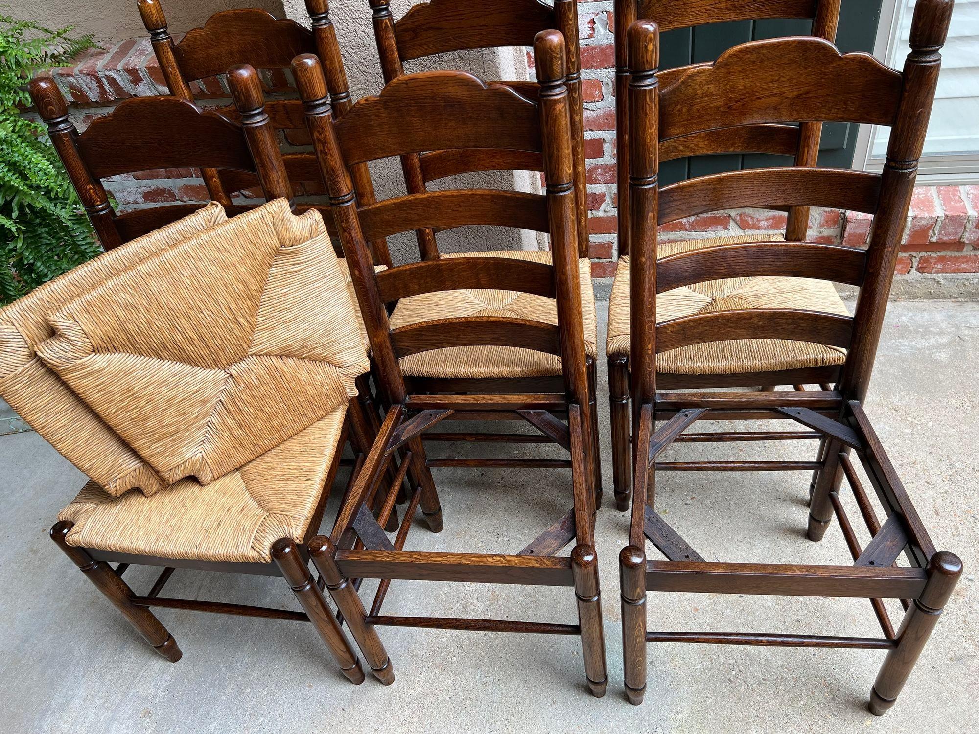 Set 6 Antique French Ladder Back Dining Chairs Carved Oak Rush Seat Country 6
