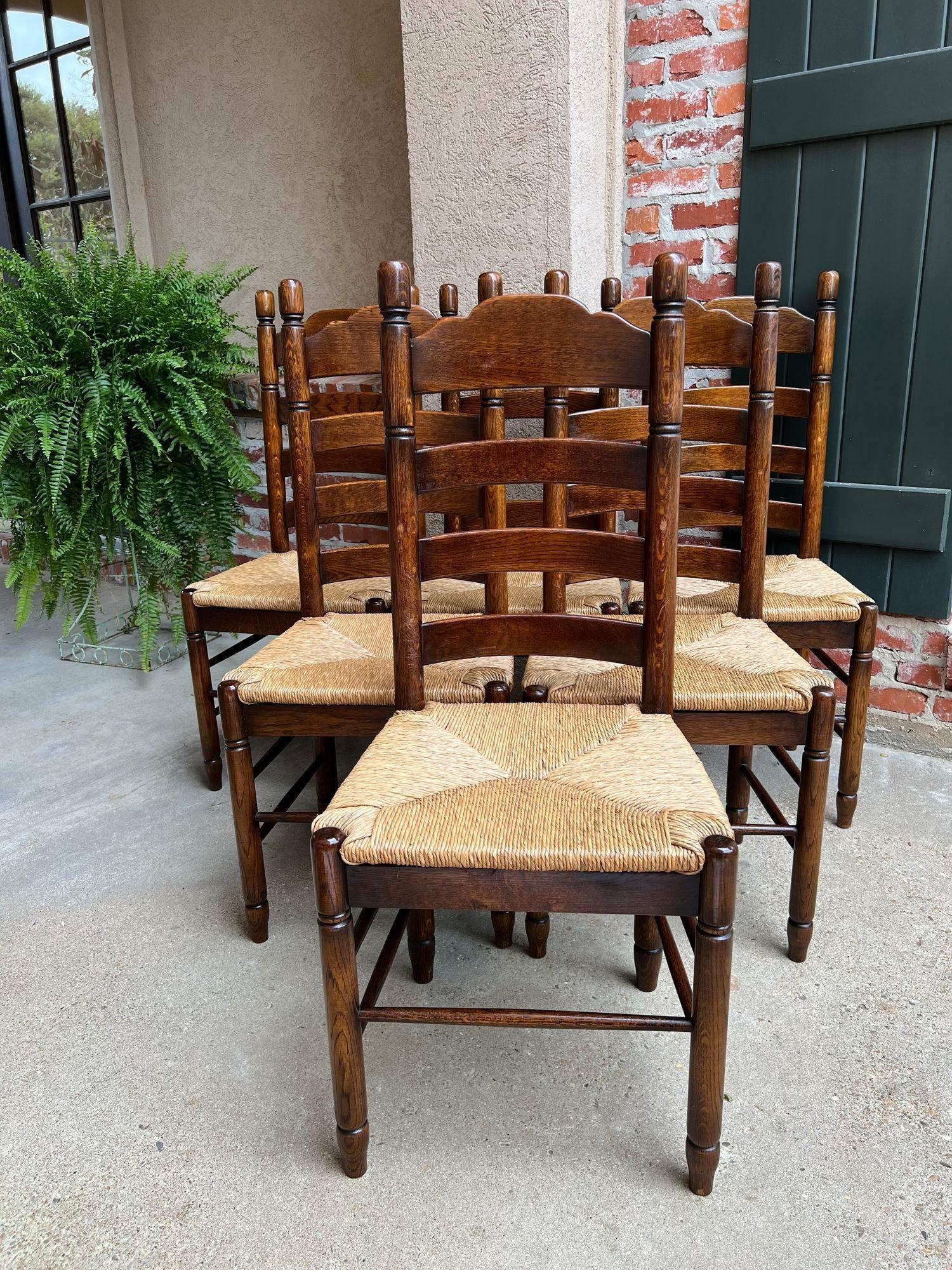 Set 6 Antique French Ladder Back Dining Chairs Carved Oak Rush Seat Country 7