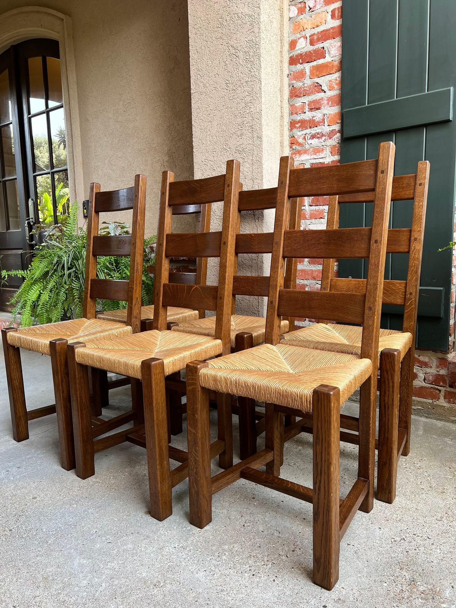 Set 6 Antique French Ladder Back Dining Chairs Carved Oak Rush Seat Country 8