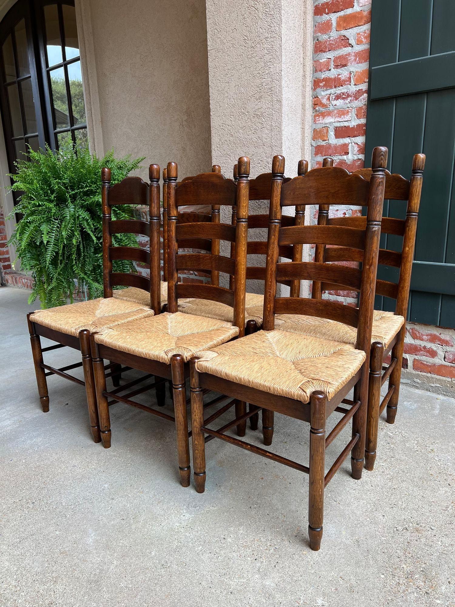 Set 6 Antique French Ladder Back Dining Chairs Carved Oak Rush Seat Country 8