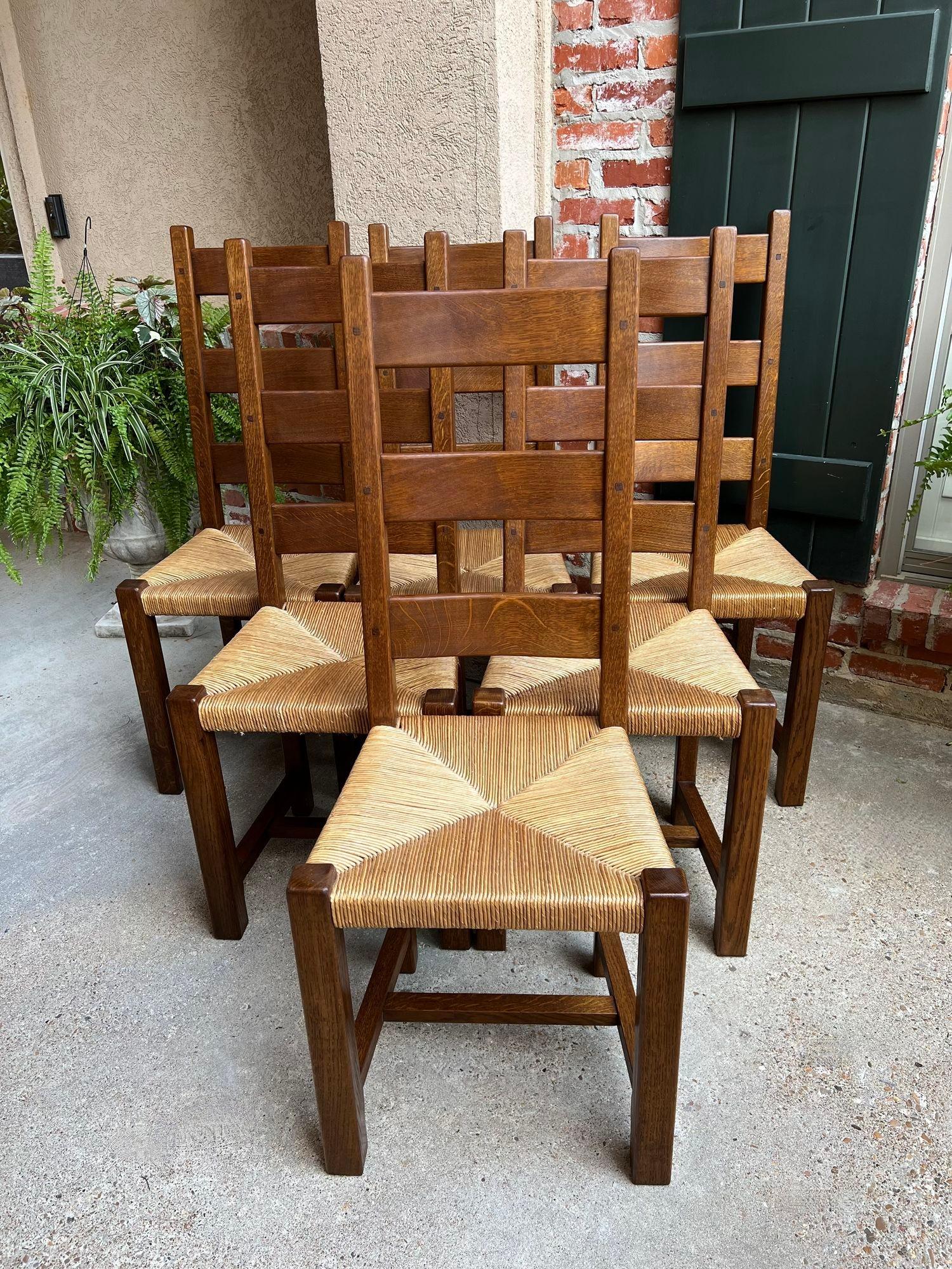 Set 6 Antique French Ladder Back Dining Chairs Carved Oak Rush Seat Country 9