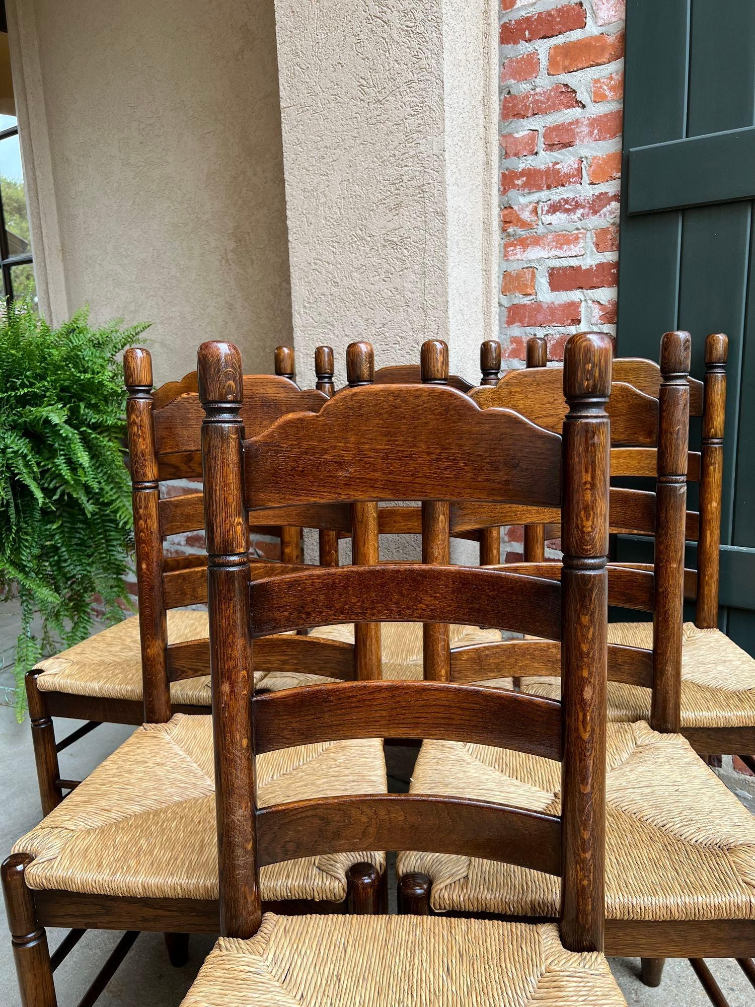 Set 6 Antique French Ladder Back Dining Chairs Carved Oak Rush Seat Country 9