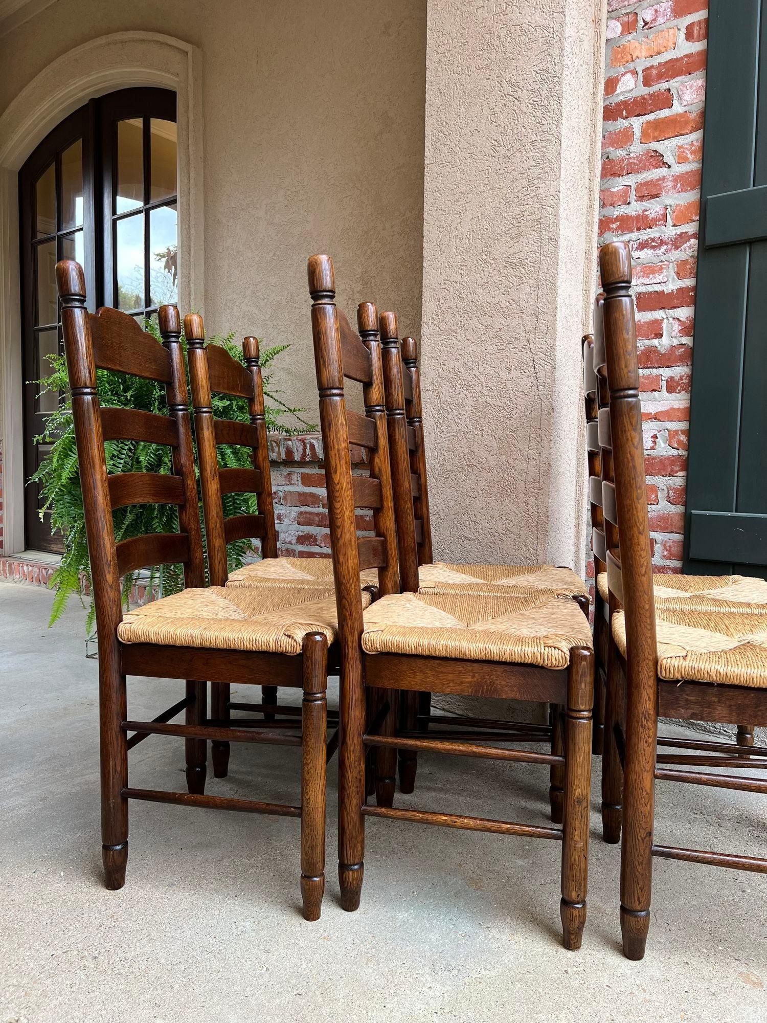 Set 6 Antique French Ladder Back Dining Chairs Carved Oak Rush Seat Country 10