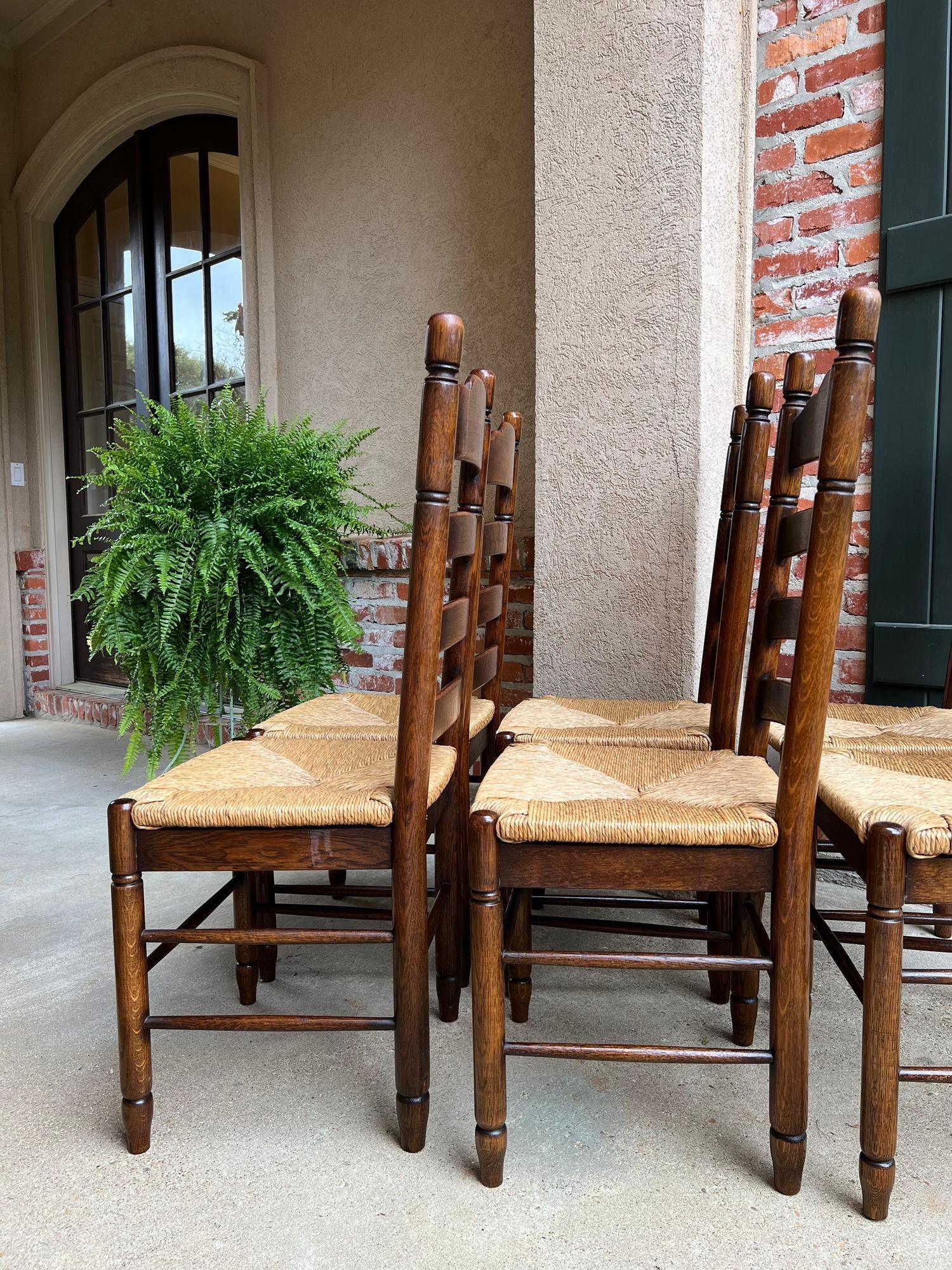 Set 6 Antique French Ladder Back Dining Chairs Carved Oak Rush Seat Country 11