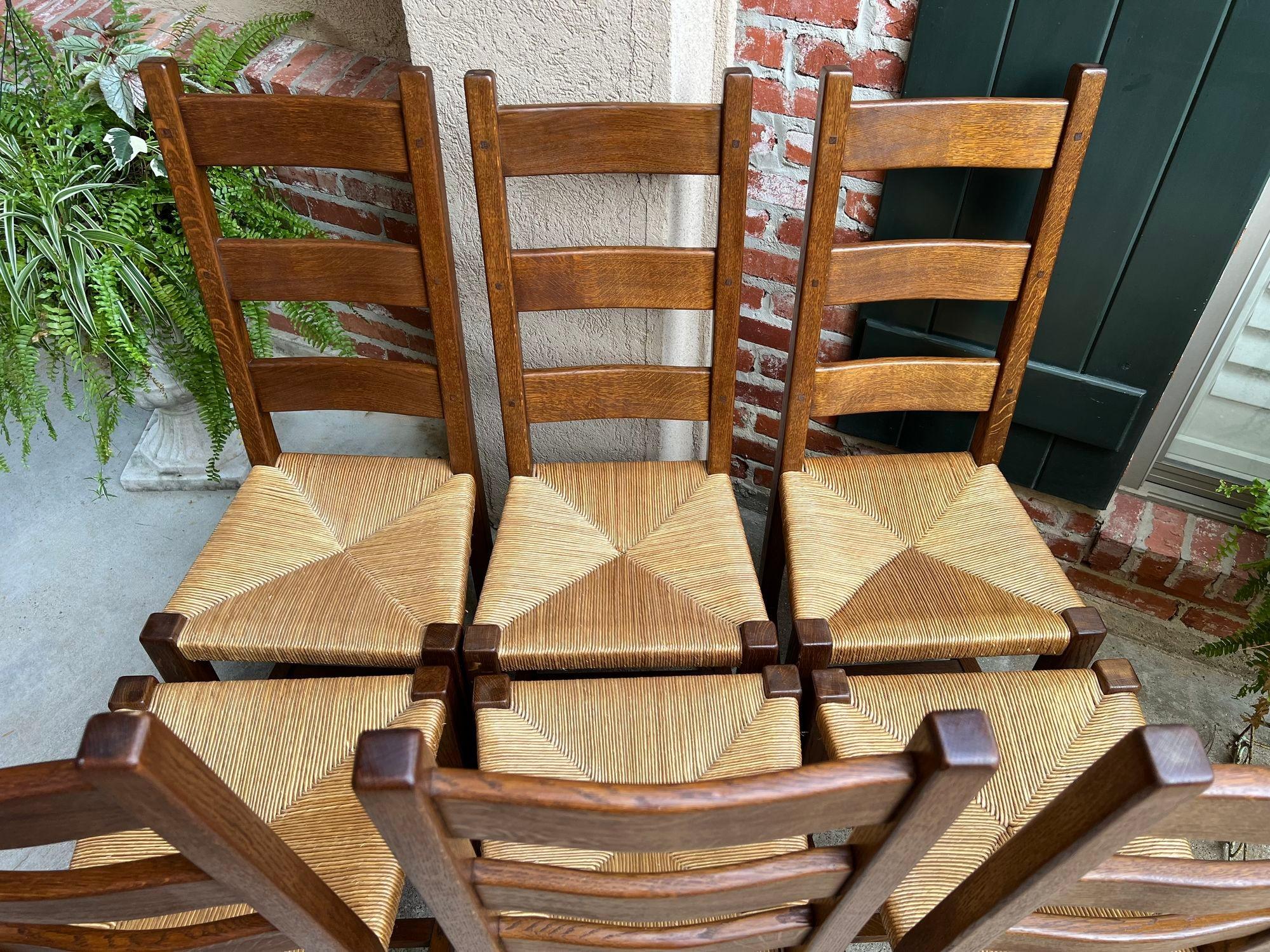 Set 6 Antique French Ladder Back Dining Chairs Carved Oak Rush Seat Country 12
