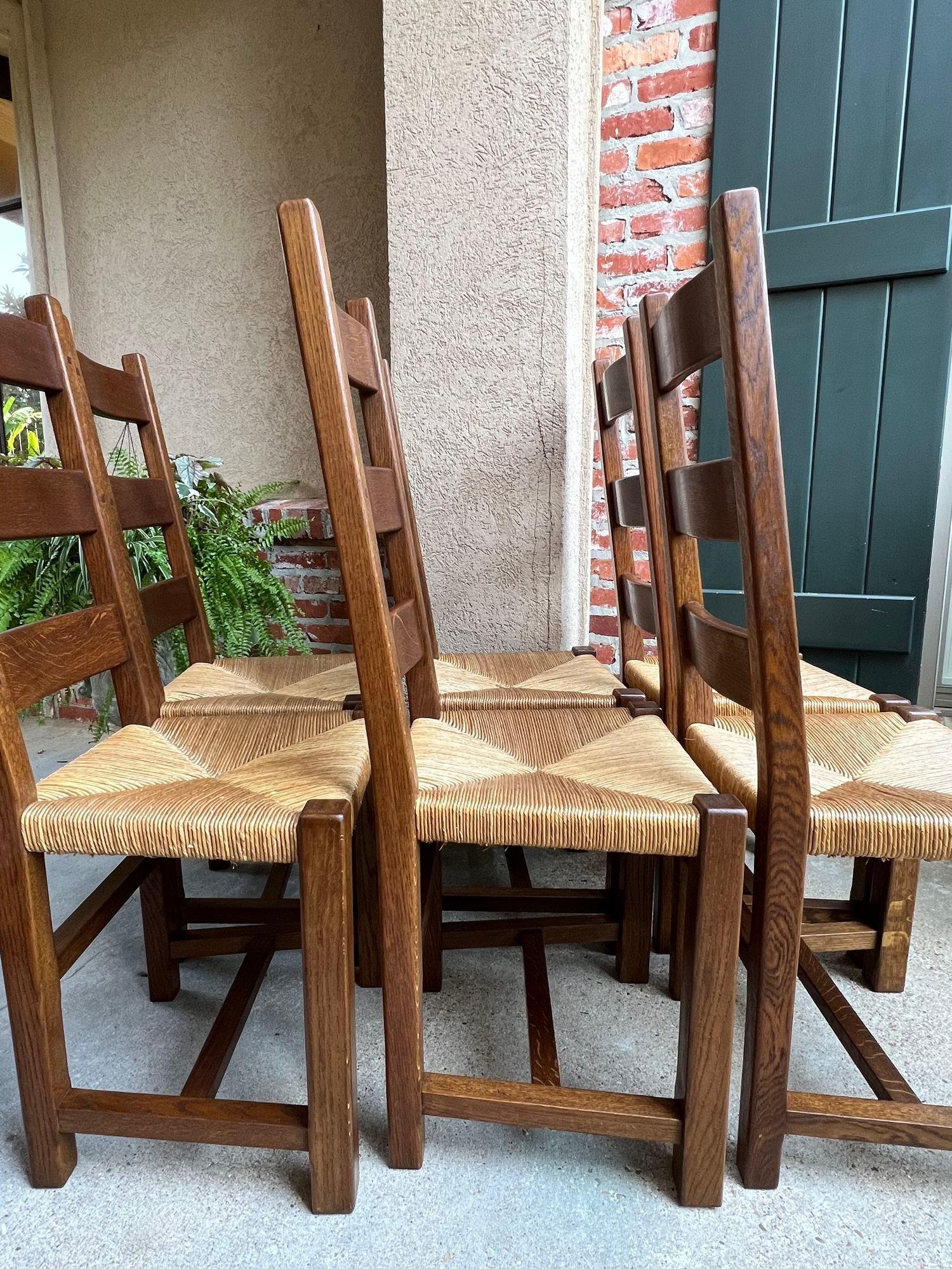 Set 6 Antique French Ladder Back Dining Chairs Carved Oak Rush Seat Country 13