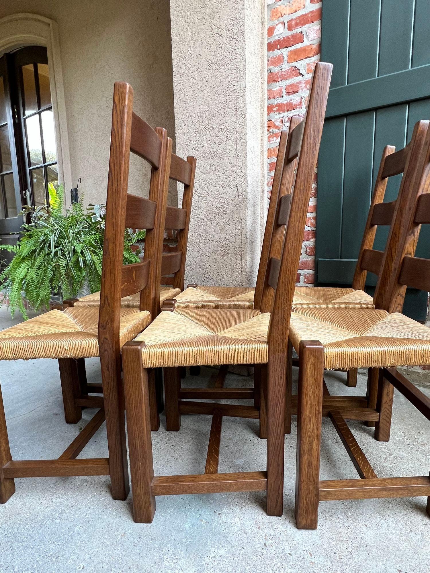 Set 6 Antique French Ladder Back Dining Chairs Carved Oak Rush Seat Country 14