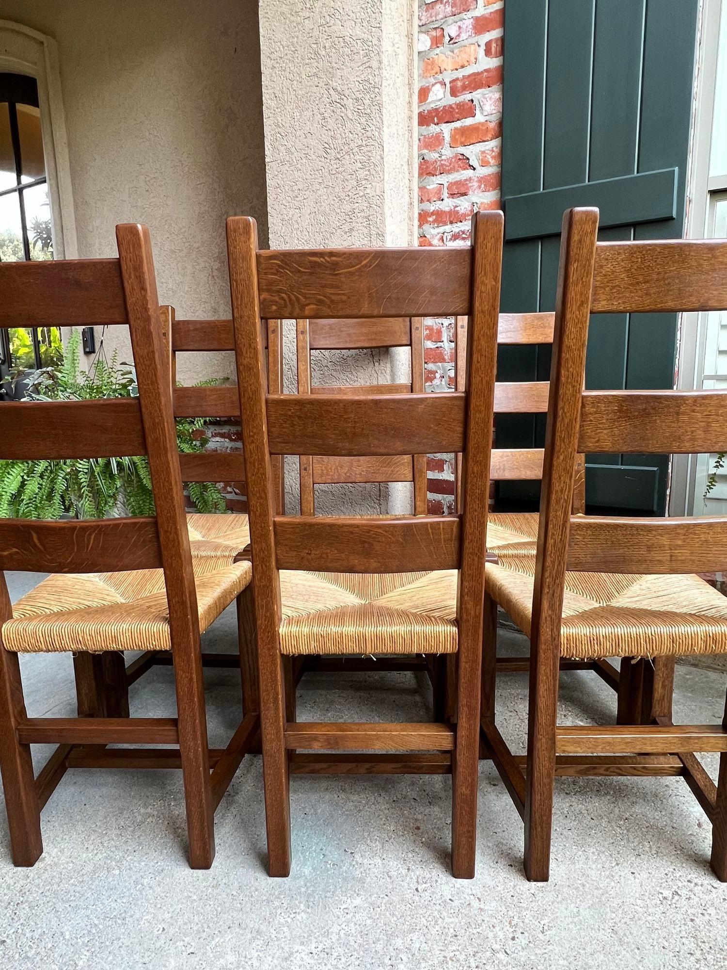 Set 6 Antique French Ladder Back Dining Chairs Carved Oak Rush Seat Country 15