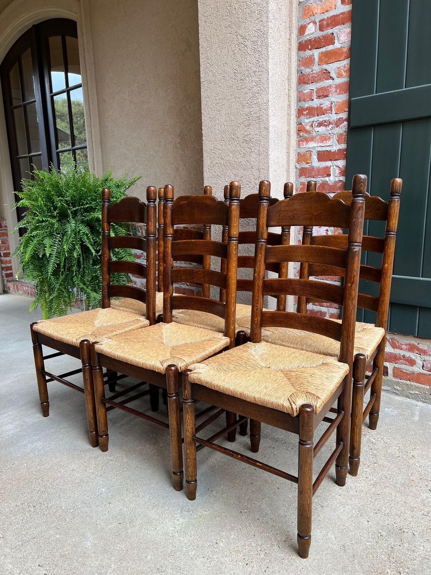 French Provincial Set 6 Antique French Ladder Back Dining Chairs Carved Oak Rush Seat Country