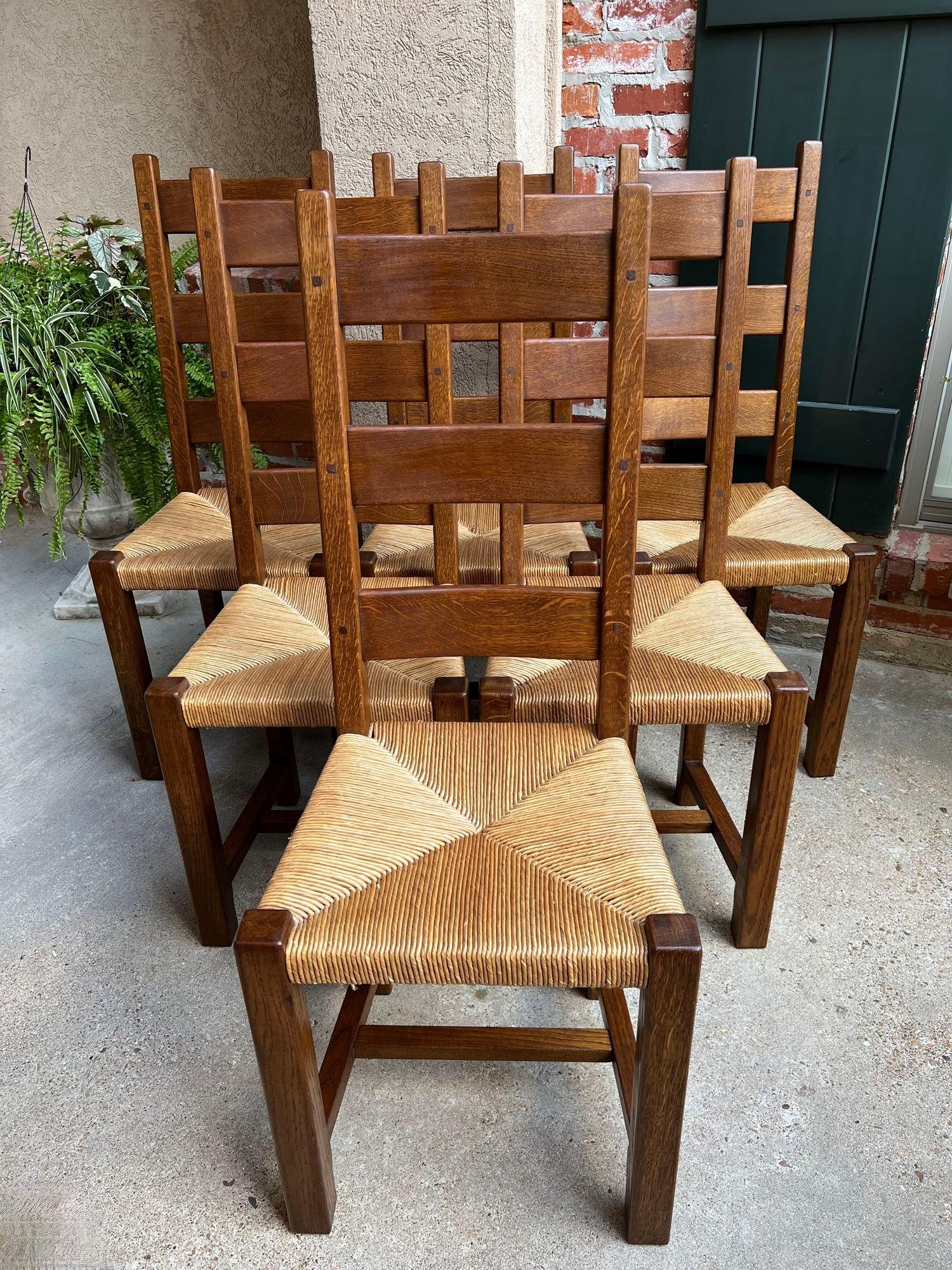 French Provincial Set 6 Antique French Ladder Back Dining Chairs Carved Oak Rush Seat Country