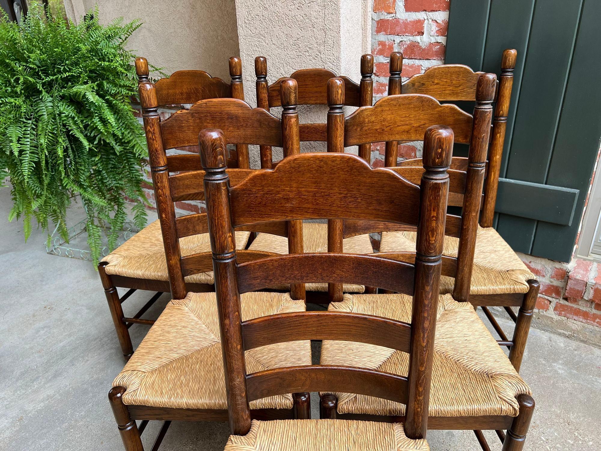 Turned Set 6 Antique French Ladder Back Dining Chairs Carved Oak Rush Seat Country