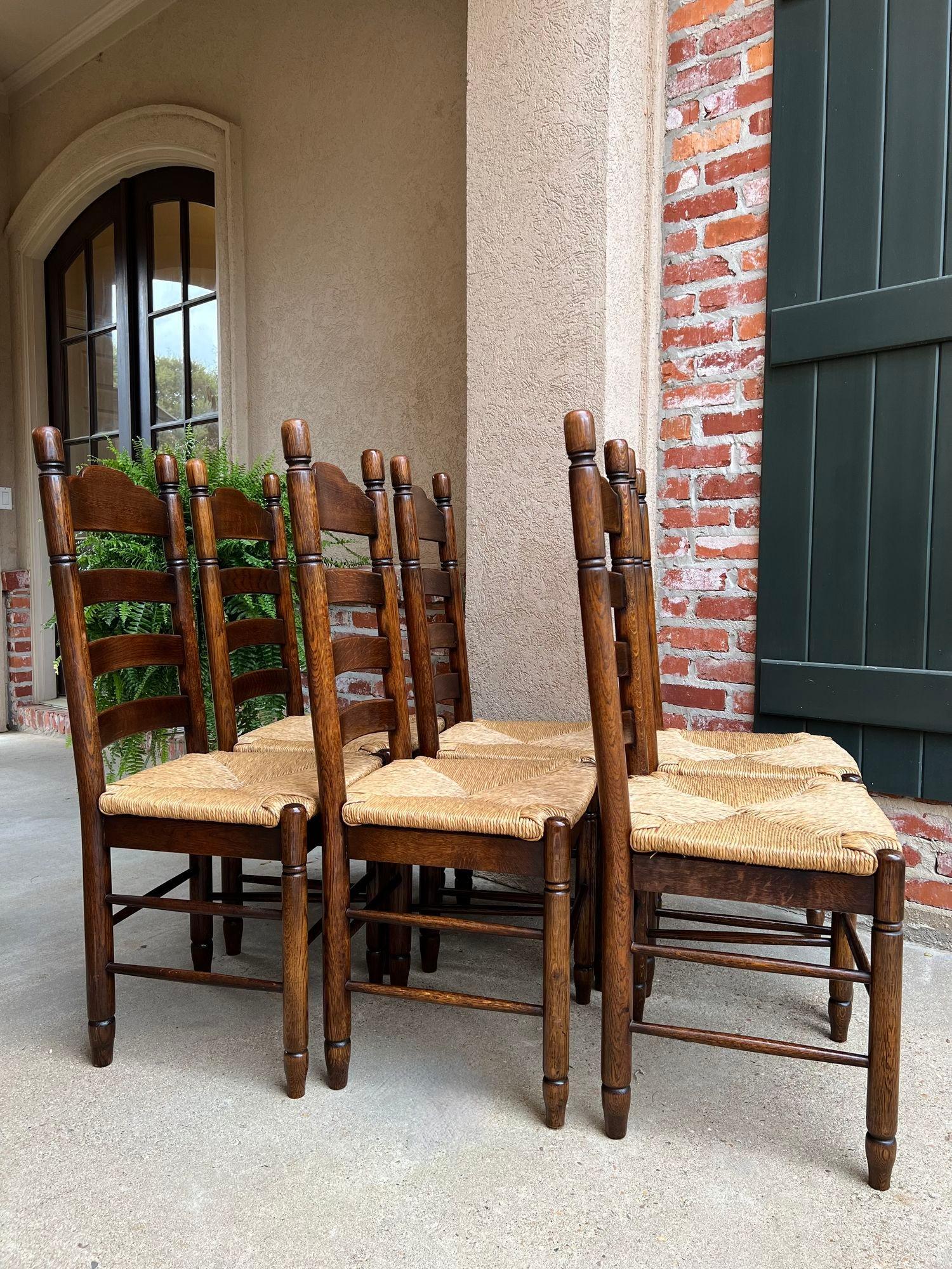 Set 6 Antique French Ladder Back Dining Chairs Carved Oak Rush Seat Country In Good Condition In Shreveport, LA
