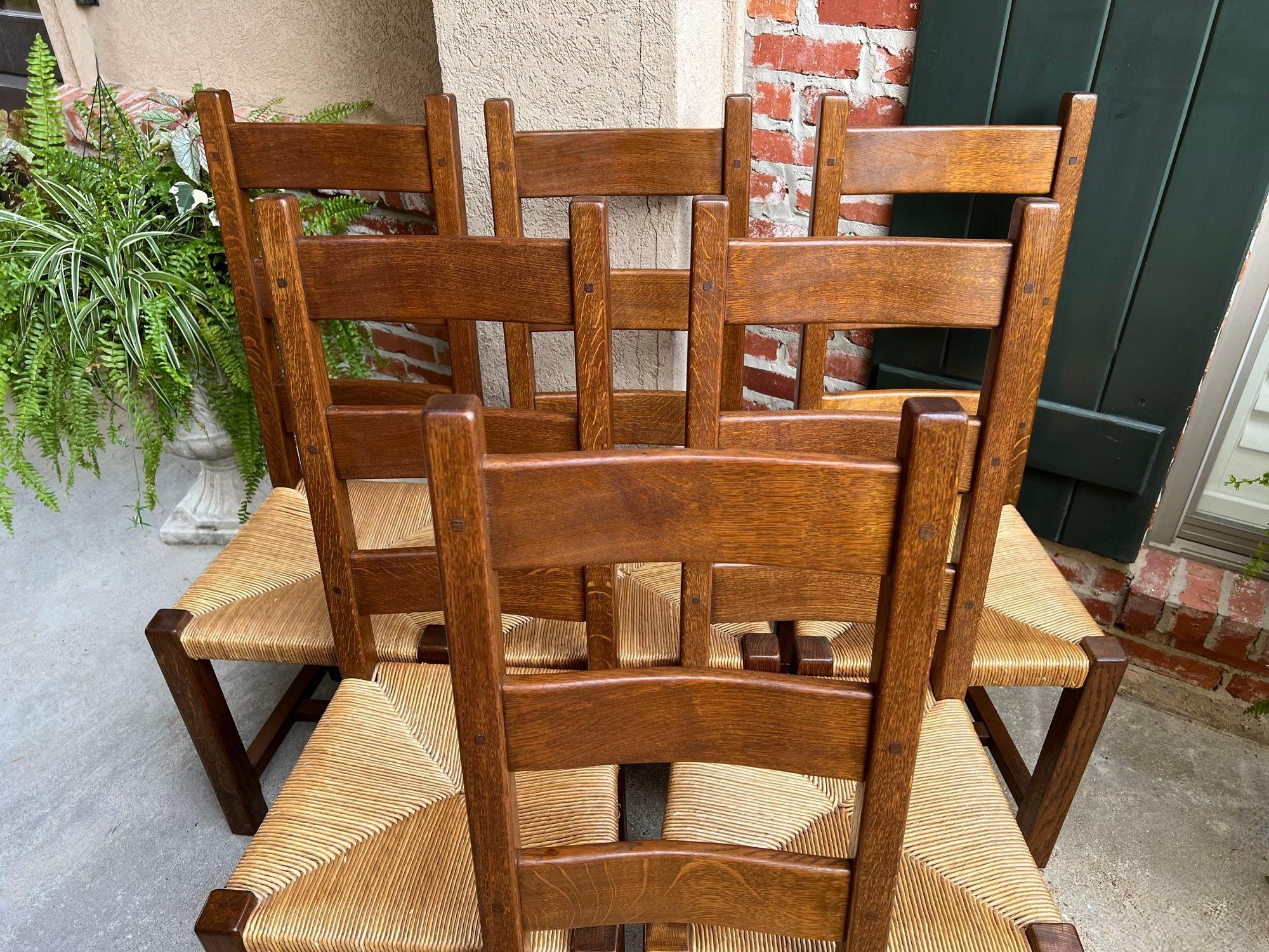 20th Century Set 6 Antique French Ladder Back Dining Chairs Carved Oak Rush Seat Country