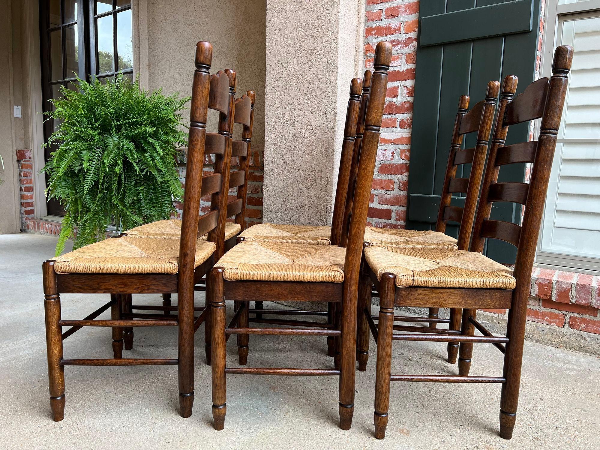 Mid-20th Century Set 6 Antique French Ladder Back Dining Chairs Carved Oak Rush Seat Country
