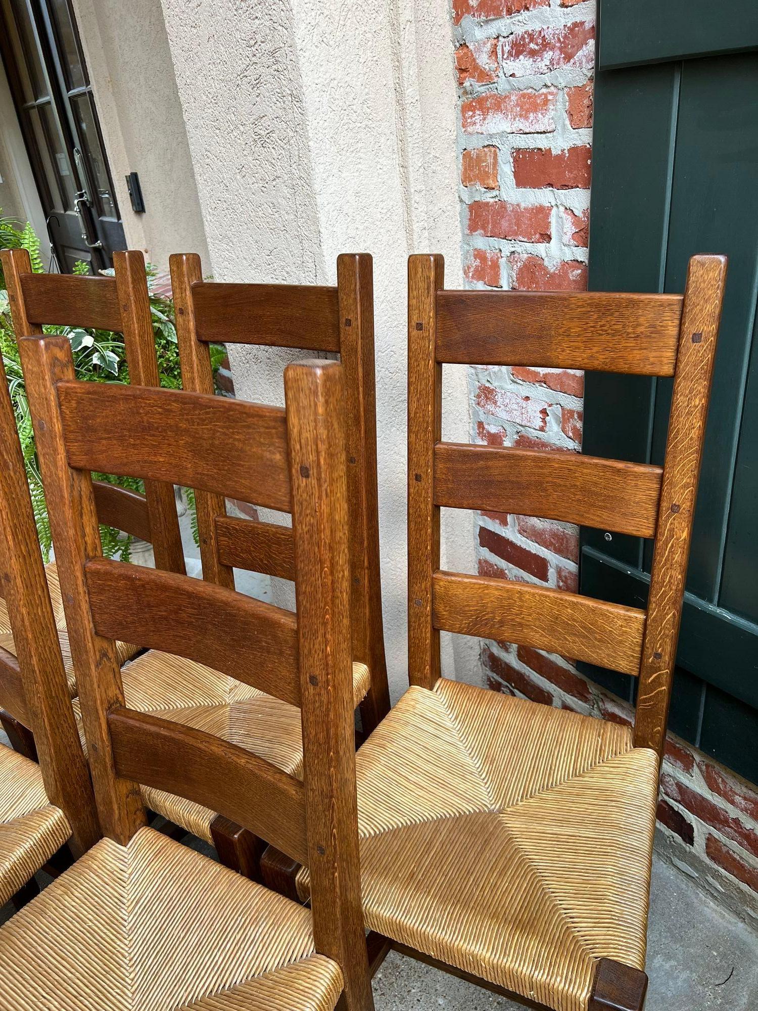 Set 6 Antique French Ladder Back Dining Chairs Carved Oak Rush Seat Country 1