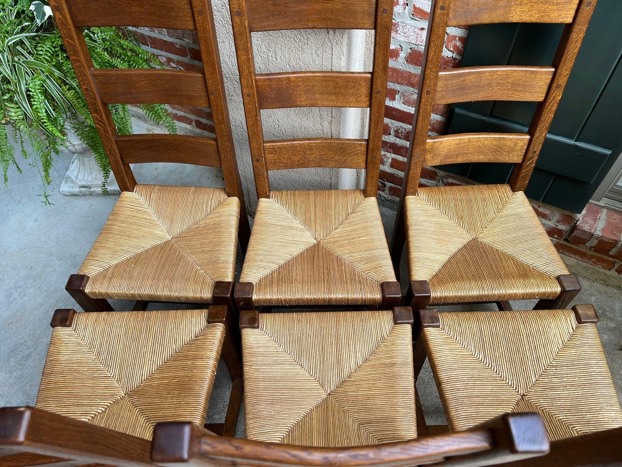 Set 6 Antique French Ladder Back Dining Chairs Carved Oak Rush Seat Country 2