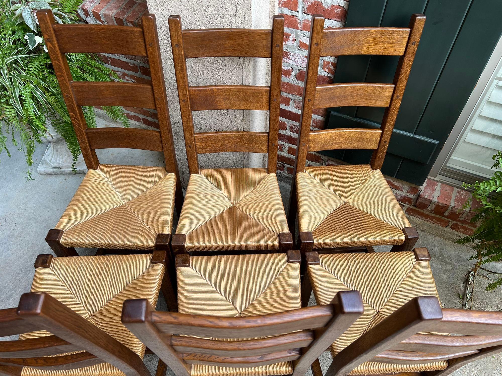 Set 6 Antique French Ladder Back Dining Chairs Carved Oak Rush Seat Country 3