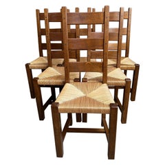 Set 6 Antique French Ladder Back Dining Chairs Carved Oak Rush Seat Country