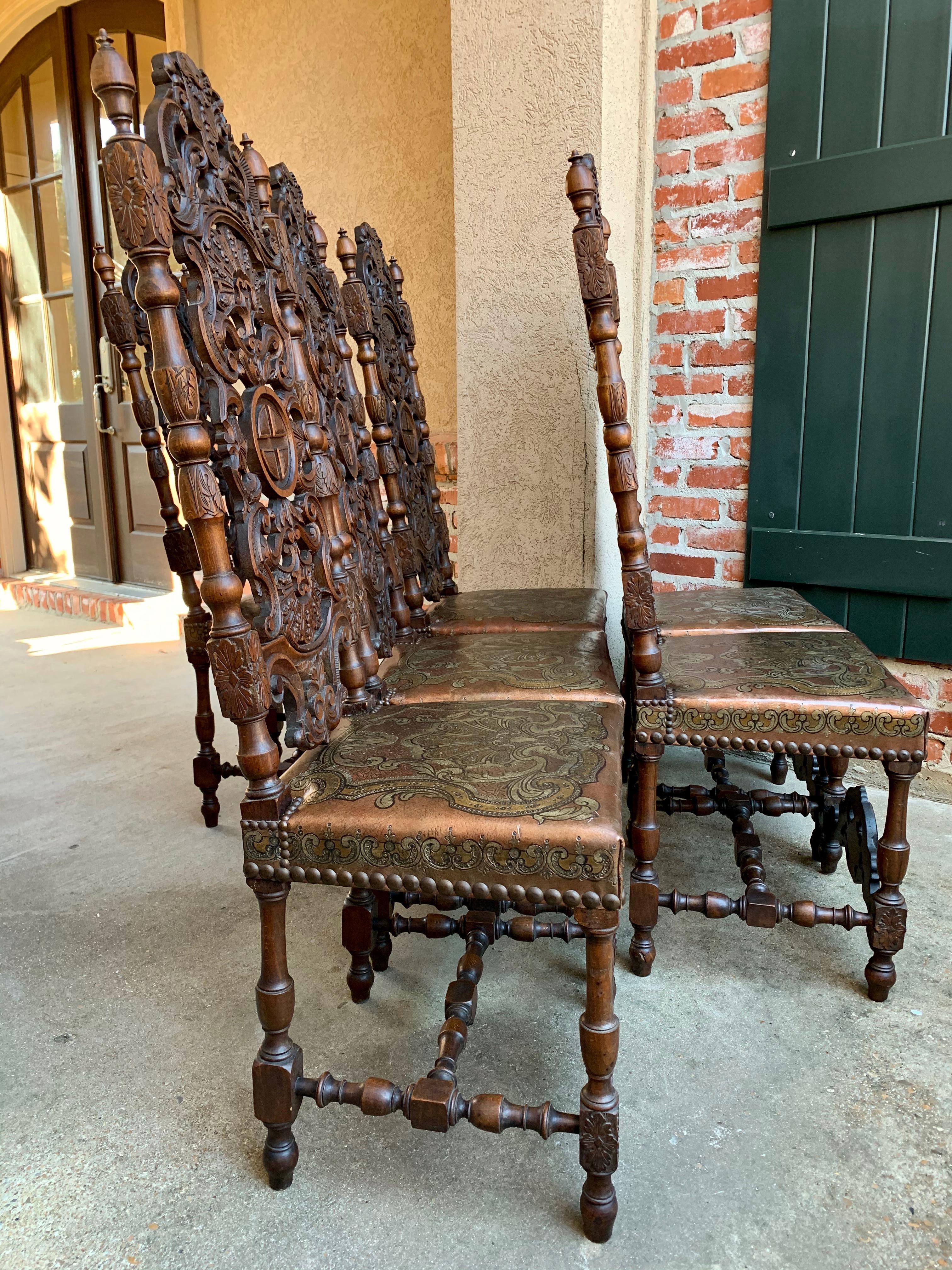 Set of 6 French Renaissance Carved Oak Dining Chair Embossed Leather Tall 6